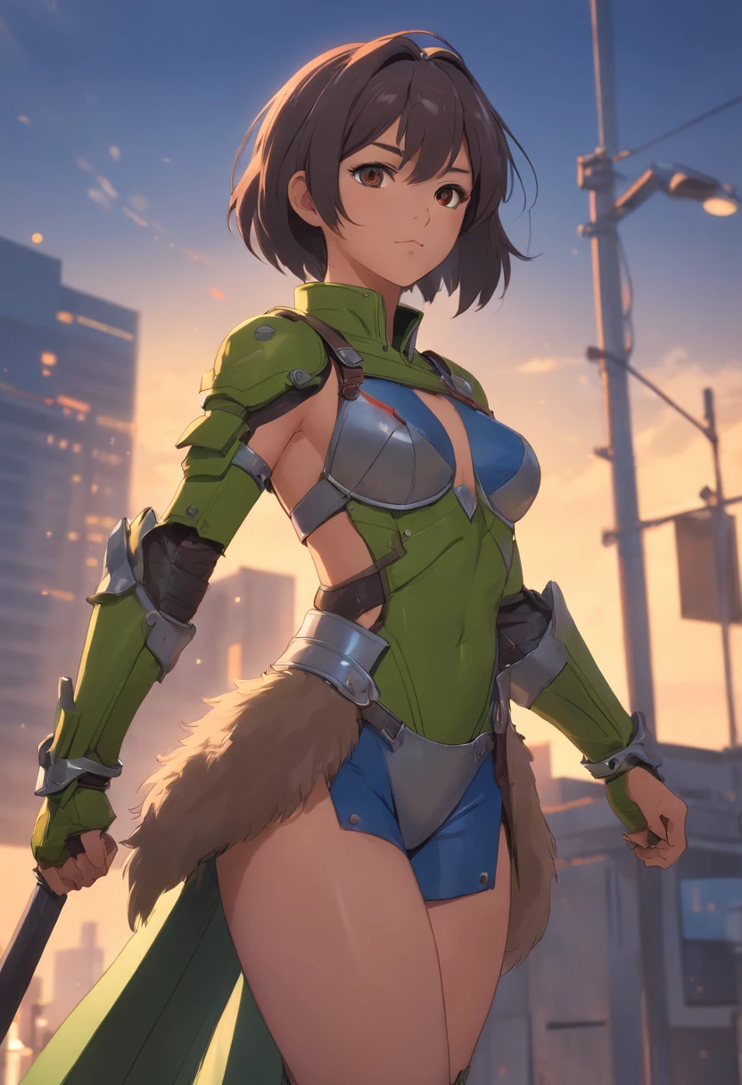 Game character standing drawing design,Orc female,Leather armor,Fur shoulders,Stout limbs,Strong muscles,The barefoot,Holding a huge barbed stick,Different layers overlay,Different angles,(full bodyesbian:1.4),solid color backdrop,clean backdrop,depth of fields,high light,Real light,Ray traching,OC renderer,UE5 renderer,Hyper-realistic,best qualtiy,8K,Works of masters,super-fine,Detailed pubic hair,Correct anatomy,