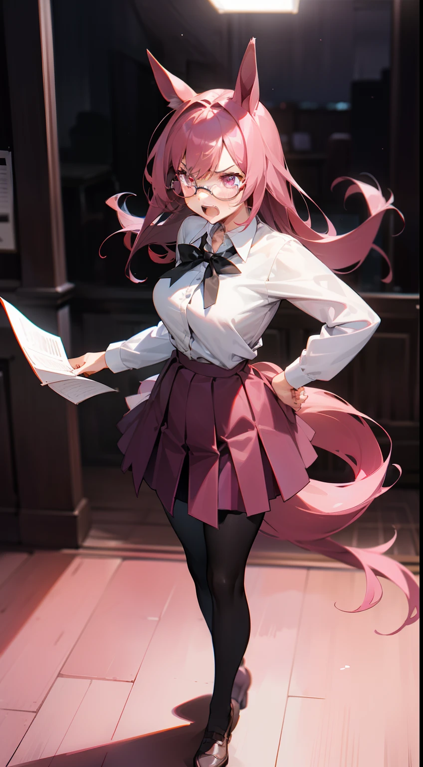 1girl,20s,solo,angry face,white school shirt,black scholl skirt,medium tits,dark pink hair,long hair,pink eyes,horse ears,horse tail,holding paper,leaning forward,open mouth,glasses,pantyhose,(((standing in front of a room in night)))