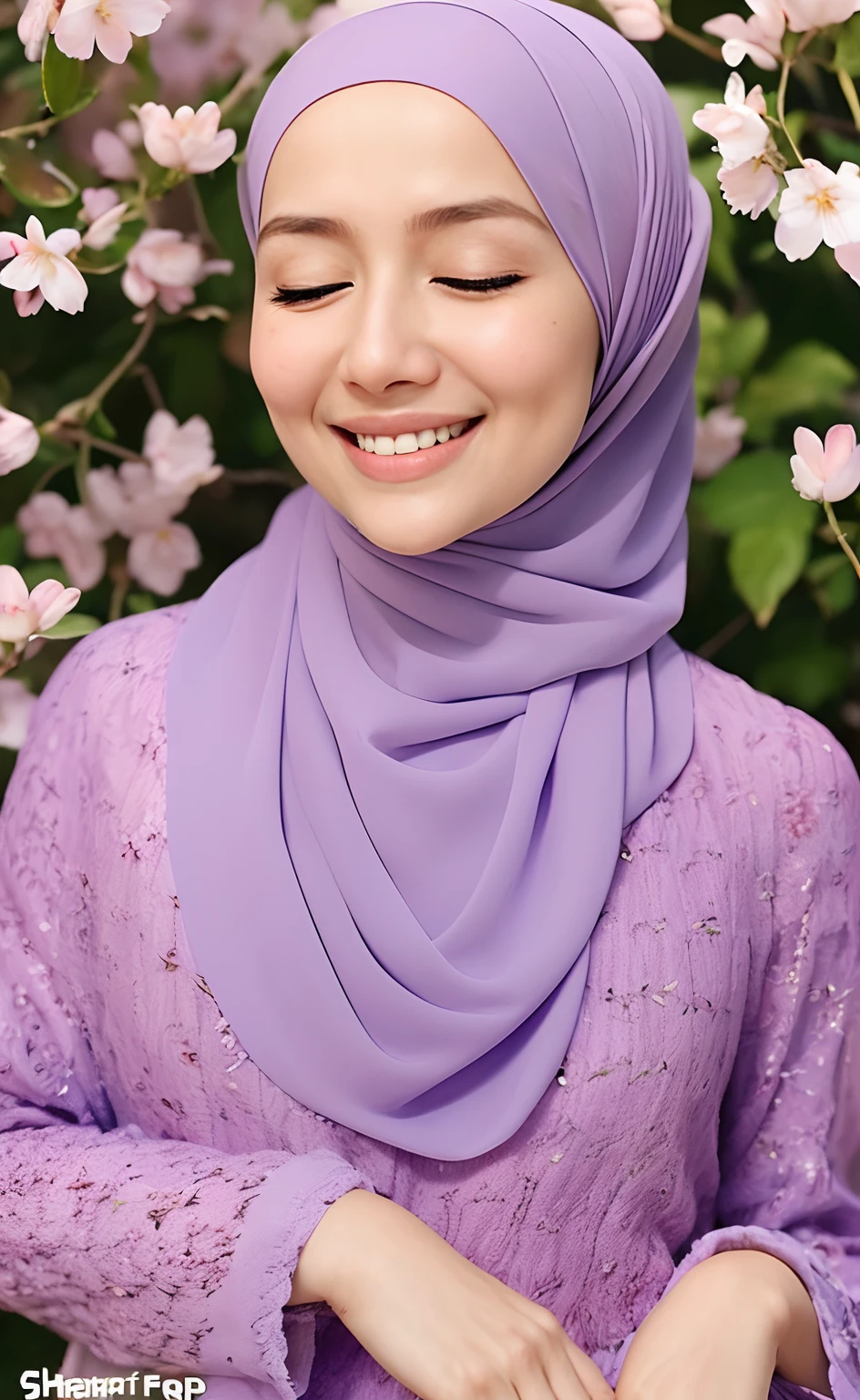 Masterpiece:1.2, high quality, best quality, high resolution, detailed, hyper realistic, 1 malay girl in hijab, blue eyes, head tilt, sunset, birds flying, cherry blossom, Portrait, closed eyes, smile, showing teeth,  (detailed face), ((sharp focus)), ((face)), upper_body