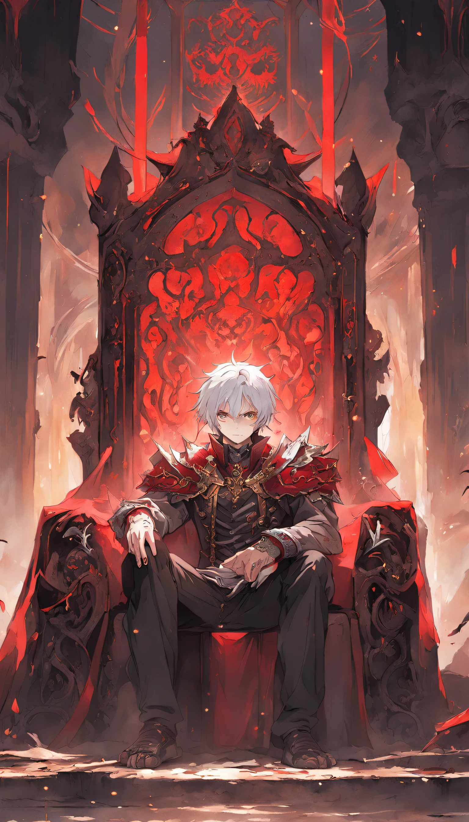 A white-haired, red-eyed prince sits on a majestic throne inside an abandoned palace. The environment around him is dark and gloomy, with cracks in the walls and cobwebs hanging there. The throne is ornate, with details in gold and precious stones, and is covered by a dusty cloth. The protagonist is wearing royal clothing, with a determined expression on his face, as he stares at the horizon with glowing red eyes