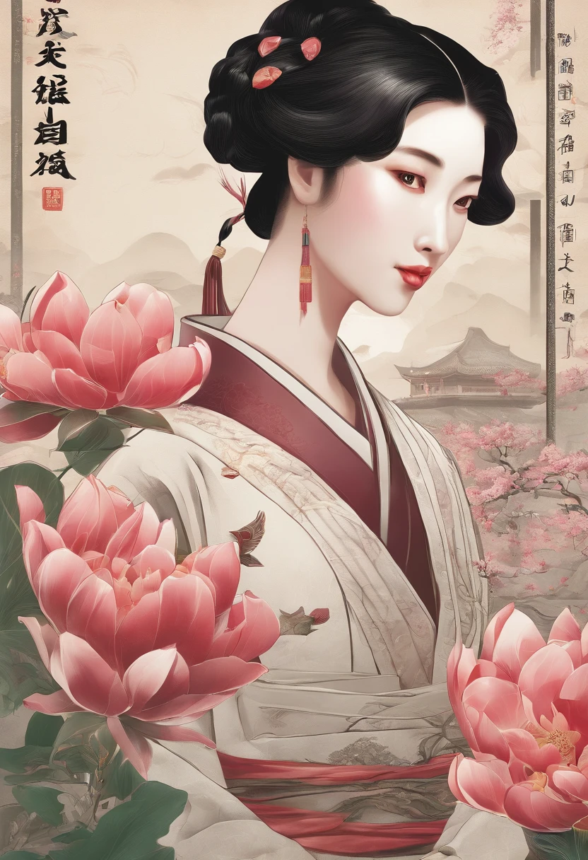 equinox，（（（Magnolia flowers）））,Xinyi flower，golondrinas，chinese traditional architecture，A woman standing next to a flower in Hanfu，Landscape of people