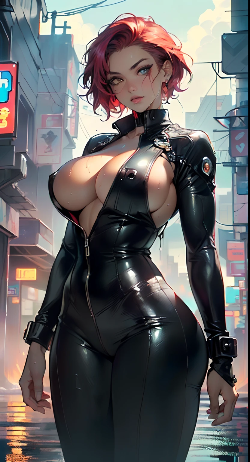 mechanical girl,(1girl: 1.3),((1 black girl with extremely cute and beautiful red hair)),((((black race)))),
(big breasts: 1.4),sagging breasts,(((short red hair: 1.35,cropped,redhead,very short hair)),((((heterochromia:1.5,eye1 red,eye2 white))),intricate eyes,beautiful detailed eyes,symmetrical eyes,(fat: 1.2),((((tan,dark skin,black skin:1.35,dark-skinned_female,dark skin:1.3,ebony skin,lustrous skin:1.5,bright skin: 1.5,shiny skin,very shiny skin,shiny body,illuminated skin,wet legs)))),(spider lower abdomen,narrow waist,wide hip ,athletic body,inflated legs,delicate and detailed fingers,hand with only five fingers,detailed body,human hands,(detailed face)),(((muscle legs,muscular thighs,muscular girl))),(strong and muscular,bodybuilder,strong body,muscular,feminine and muscular),(huge stature,tall stature,very tall girl),
cute,slutty,sensual,seductive look,seductive,erotic,enchanting,((nsfw)),
(fitted overalls: 1.3,suit unbuttoned),((mechanical tools on his clothing)),(((huge cleavage))),((wet clothes,intricate outfit,intricate clothes)),
(dynamic pose:1.0),embarrassed,(centered,scale to fit dimensions,Rule of thirds),
cyberpunk city by the ocean at night, with bright neon signs and dark stormy clouds and puddles, scenery:1.25,
highres, sharp focus, (ultra detailed, extremely detailed), (photorealistic artwork:1.37),(extremely detailed CG unity 8k wallpaper),((synthwave background theme)),(((vibrant colors))),(intricate background),(masterpiece),(best quality),