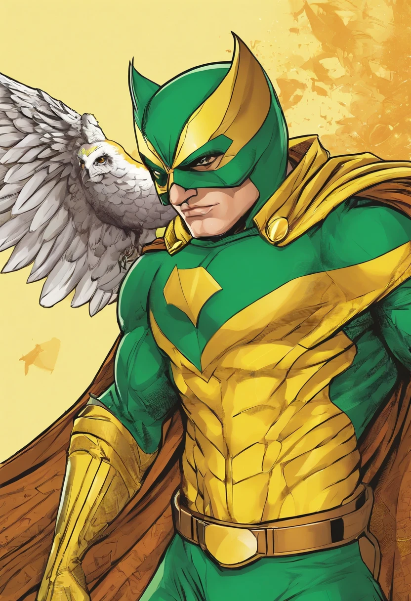 Man in superhero outfit inspired by an owl, com roupa verde e amarela,dourado, 4k, Fundo bandeira do Brasil