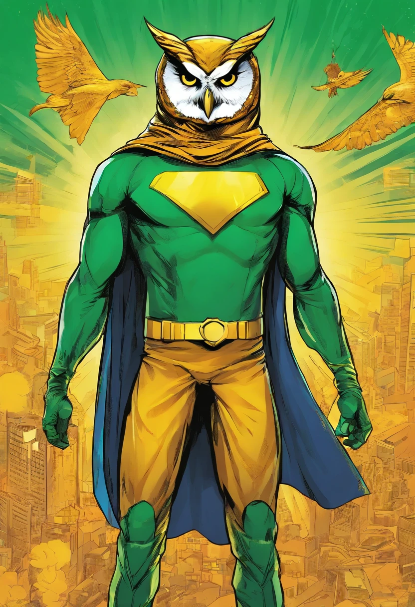 Man in superhero outfit inspired by an owl, com roupa verde e amarela,dourado, 4k, on top of a building