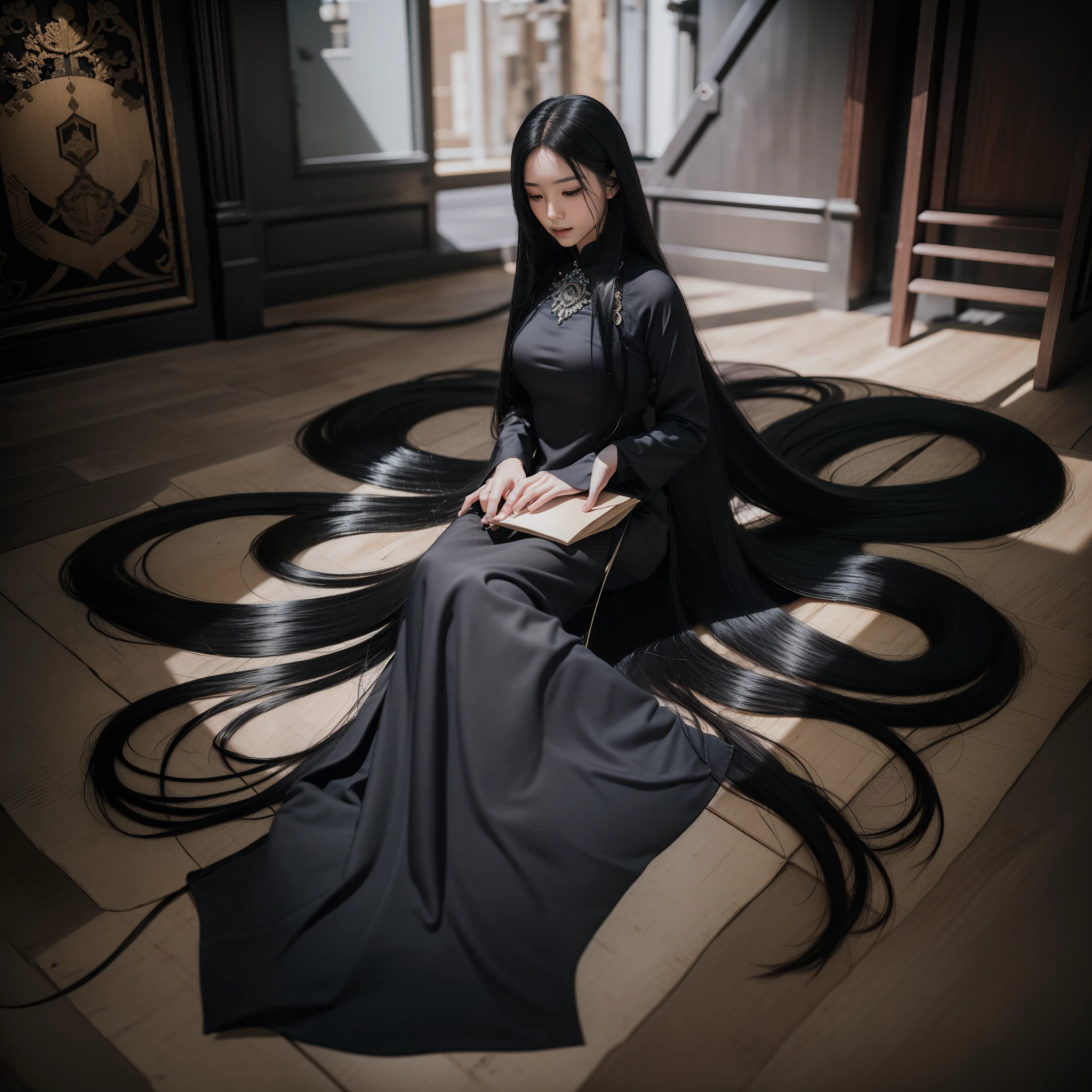 ((Top image quality、top-quality、Top resolution、hyper realistic photography、Full body photo、masterpiece、1 girl、Very beautiful face、Super Super Long Hair、hair length about 3 meters,,,,,、Straight black hair、Black hair longer than height、Black hair that has not been cut for more than 20 years、Slender body、White underwear or naked、Indoor Location、8k))、Winner of the World Long Hair Contest、Full body real photo、Head-to-toe photo、Photo taken from about 4 meters away、Super Real、Stand up straight、She has super long hair that covers her entire body、The longest black hair in the world、Body buried in hair、Long black hair is silky、The luster of black hair is wonderful.......、Hair longer than Rapunzel、