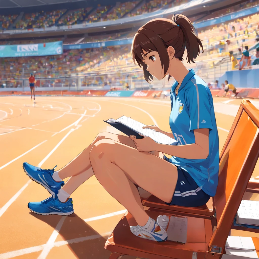 em que a treinadora, vestindo uma camisa esportiva amarela e shorts amarelos, she's sitting in the stands, Closely following the competition. She's relaxed in a folding chair, com as pernas cruzadas e um olhar atento na pista de atletismo. Seus olhos seguem os movimentos dos atletas enquanto eles correm e competem. The trainer has a notepad on her lap, where it records important information about athletes' performance. She exudes calm and confidence, Knowing that you are supporting your pupils in the best possible way. The scene conveys the coach's dedication and passion for the sport, as she watches the competition with interest.