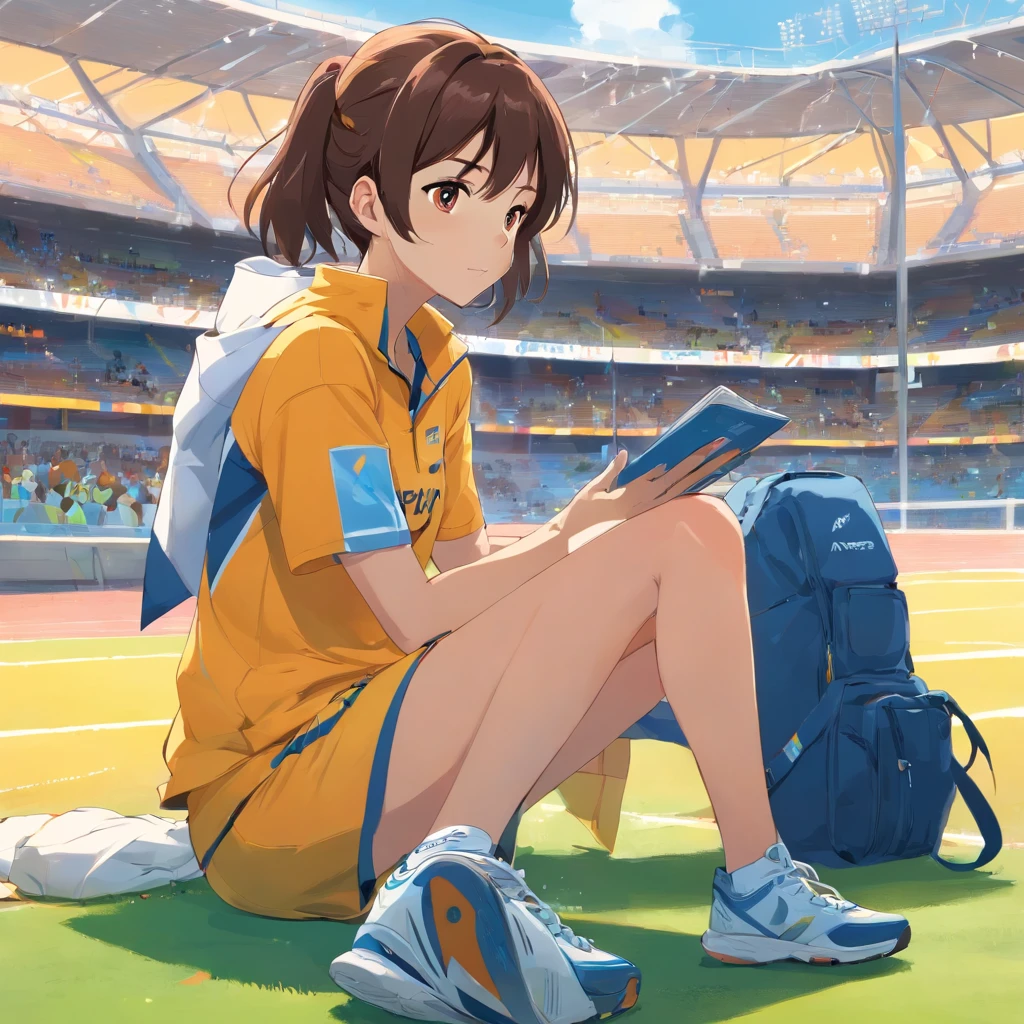 em que a treinadora, vestindo uma camisa esportiva amarela e shorts amarelos, she's sitting in the stands, Closely following the competition. She's relaxed in a folding chair, com as pernas cruzadas e um olhar atento na pista de atletismo. Seus olhos seguem os movimentos dos atletas enquanto eles correm e competem. The trainer has a notepad on her lap, where it records important information about athletes' performance. She exudes calm and confidence, Knowing that you are supporting your pupils in the best possible way. The scene conveys the coach's dedication and passion for the sport, as she watches the competition with interest.