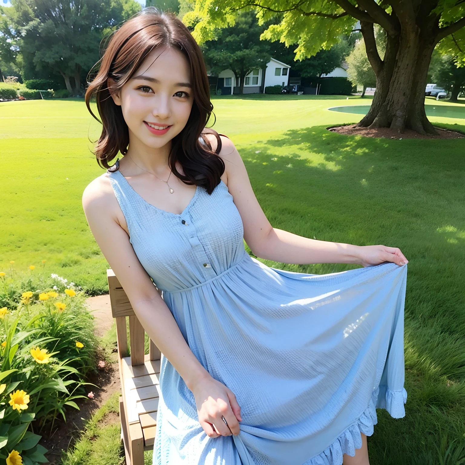30 year old woman in summer dress smiling at camera