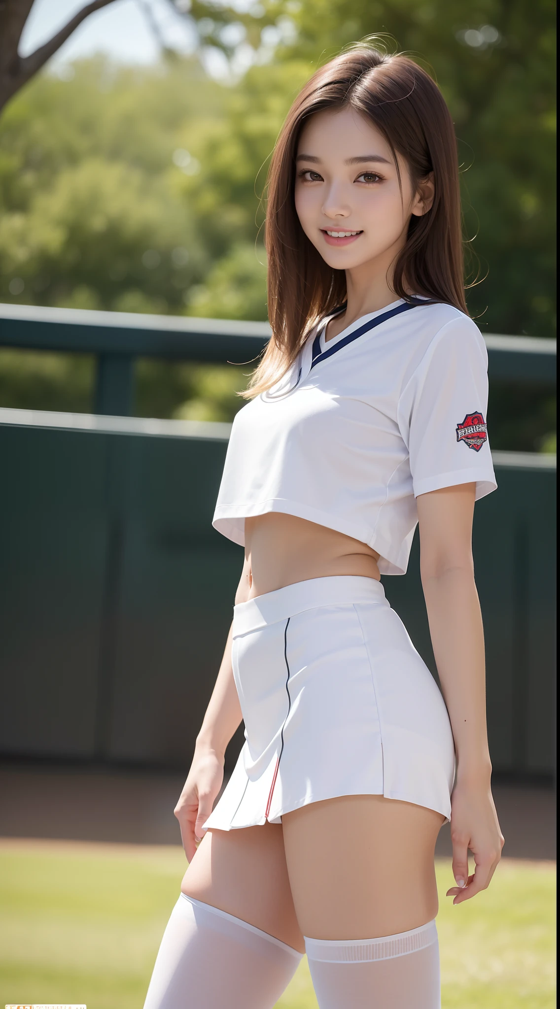 8k, masterpiece, RAW photo, best quality, photorealistic, extremely detailed CG unity 8k wallpaper, Depth of field, Cinematic Light, Lens Flare, Ray tracing, (extremely beautiful face, beautiful lips, beautiful eyes), intricate detail face, ((ultra detailed skin)) 1girl, in the dark, deep shadow, pretty asian girl, 1 girl, (very slim slender fit-muscled body:1.3), ((looking at viewer)),(big smile:1.3), (short skirt ), (white mini skirt ), (ultra mini skirt ), pantyhose, clear eyes, walking , front shot, (pale skin), (big eyes), face forward, ((big baseball shirt)), (brown hairs), (baseball uniform), (looking at viewer:1.3) very slim, medium breasts, (camel toe), laced stockings, sunny, landscape, trees, baseball grounds, cheerleading, cheerleader