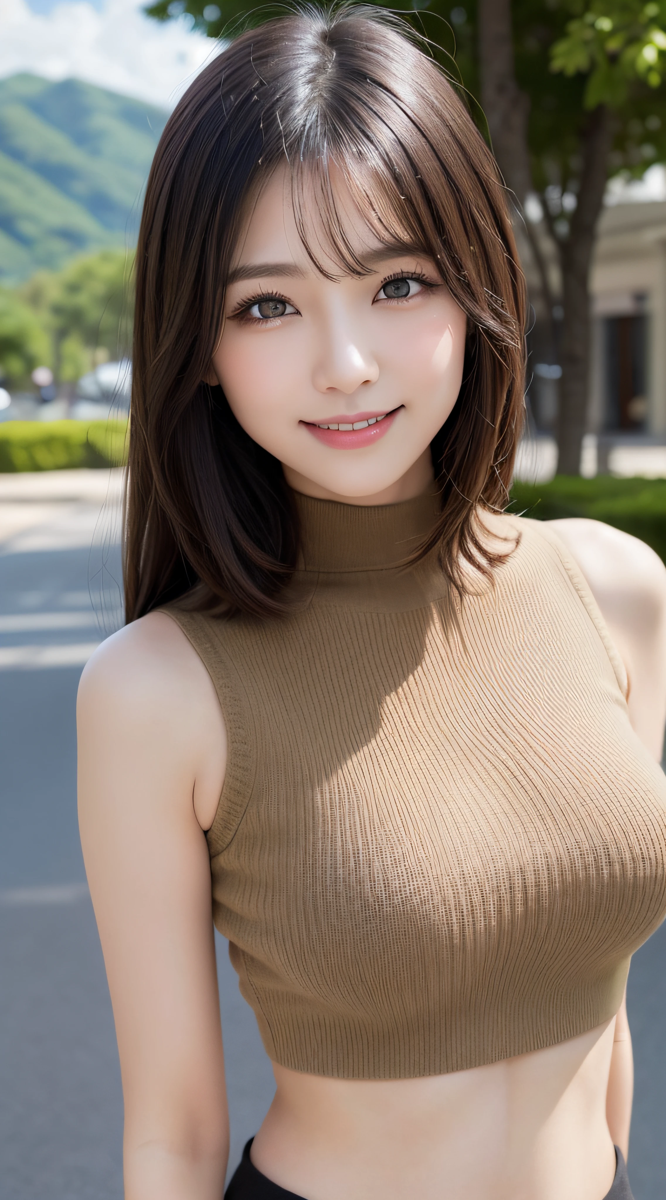 masutepiece, Best Quality, Photorealsitic, finely detail, hight resolution, 8K Wallpapers, Perfect dynamic composition, Beautiful detailed eyes, Medium Hair, large full breasts, Random and sexy poses,Bring your chest together、(Mock Neck Crop Tank Top Khaki Knitwear)、(Breast bulge 1.2)、A smile、open open mouth、Resort scenery、23years old、(Drooping eyes 1.4)、Adult beauty、japanes