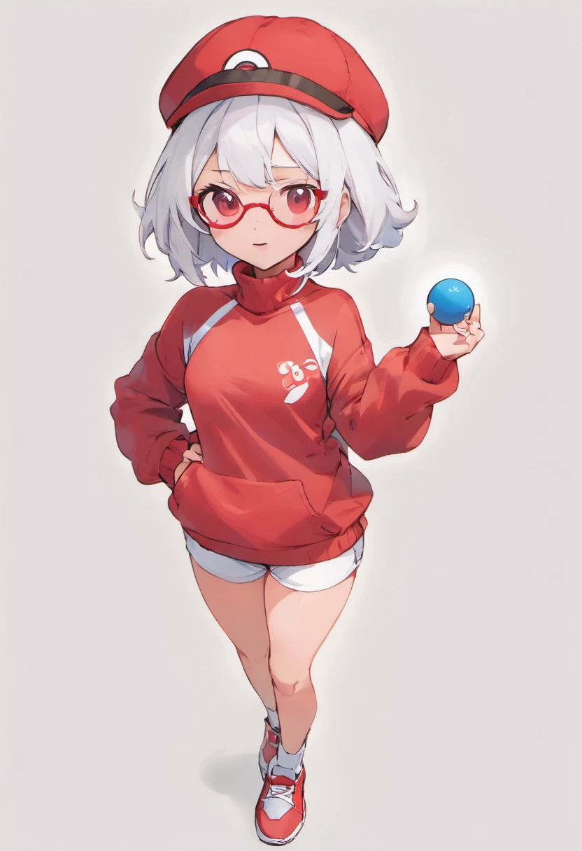 Bad face,Baseball Cap,Red Baseball Cap.White shorts with right hand sticking forward,Turtleneck knitwear,Red glasses,Hi-Res, 1womanl,Pose with your right arm stretched forward, 独奏,Holding a Poké Ball in Your Hands, grey eyes, white hair, Red glasses,Red Baseball Cap, Red knitted turtleneck with long sleeves, White shorts, a belt, stadio, deph of field, Bad face, Stick out the arm holding the poké ball, put hands on the hip,