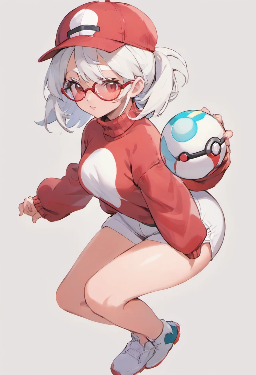 Bad face,Baseball Cap,Red Baseball Cap.White shorts with right hand sticking forward,Turtleneck knitwear,Red glasses,Hi-Res, 1womanl,Pose with your right arm stretched forward, 独奏,Holding a Poké Ball in Your Hands, grey  eyes, white  hair, Red glasses,Red Baseball Cap, Red knitted turtleneck with long sleeves, White shorts, a belt, stadio, deph of field, Bad face, Stick out the arm holding the poké ball, put hands on the hip,