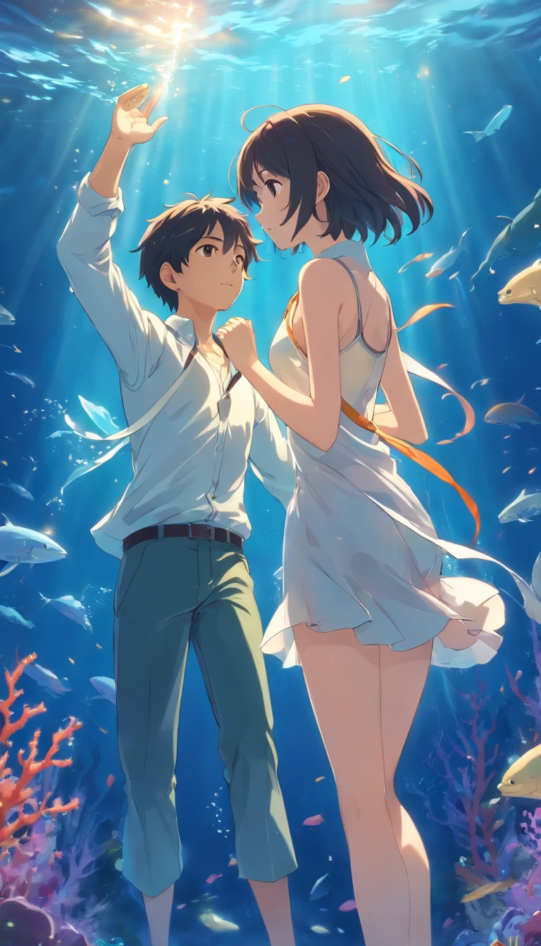A boy and a girl swim at the bottom of the sea,dream magical,The fish,Jellyfish and whales, highly detailed water colour 8 k,Estilo de Makoto Shinkai( reasonable design, 清晰的线条, High- sharpness,Best quality, Very detailed, Master parts, movie light effect, 4K ),