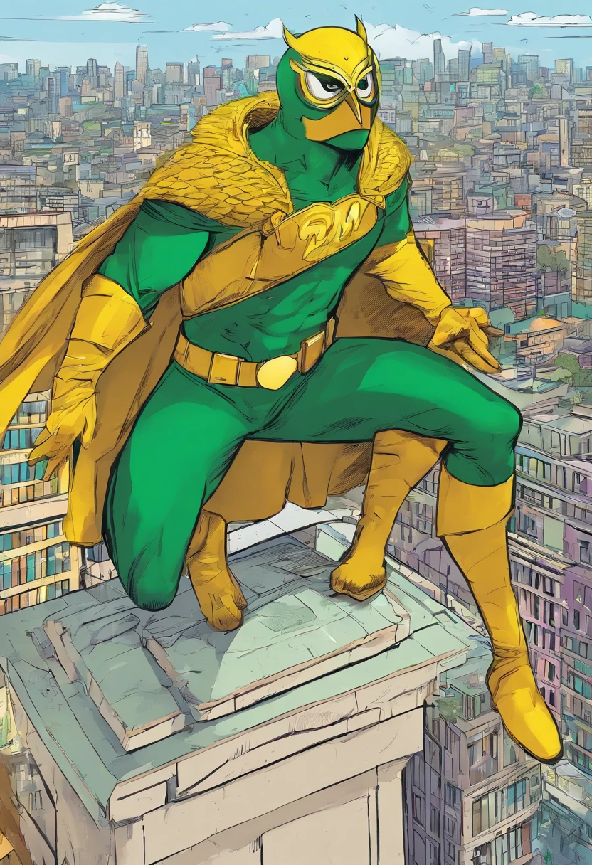Man in superhero outfit inspired by an owl, com roupa verde e amarela,dourado, 4k, on top of a building