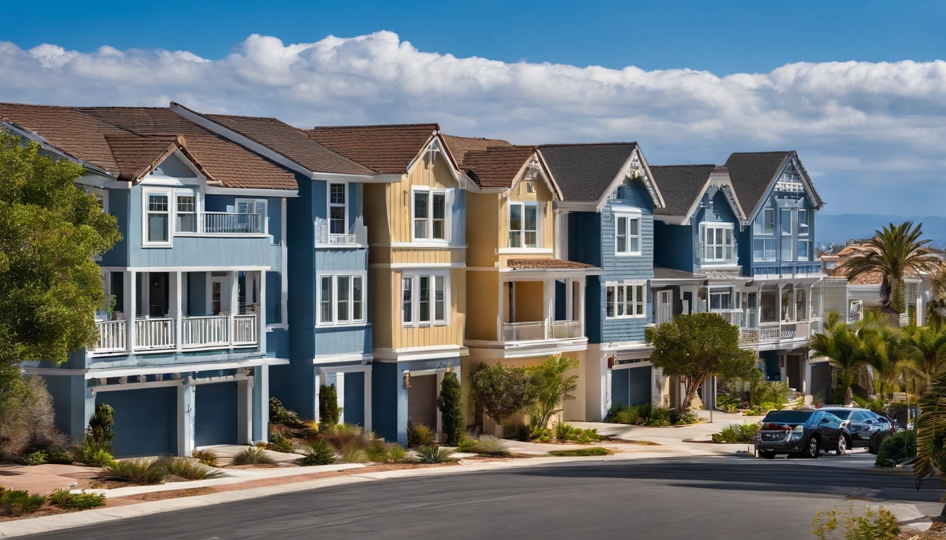 San Diego Real Estate, USA,Ordinary town house,Detached house,Background image of downtown San Diego,With blue sky and white clouds as the background,Peaceful townhouse background,San Diego suburban residence