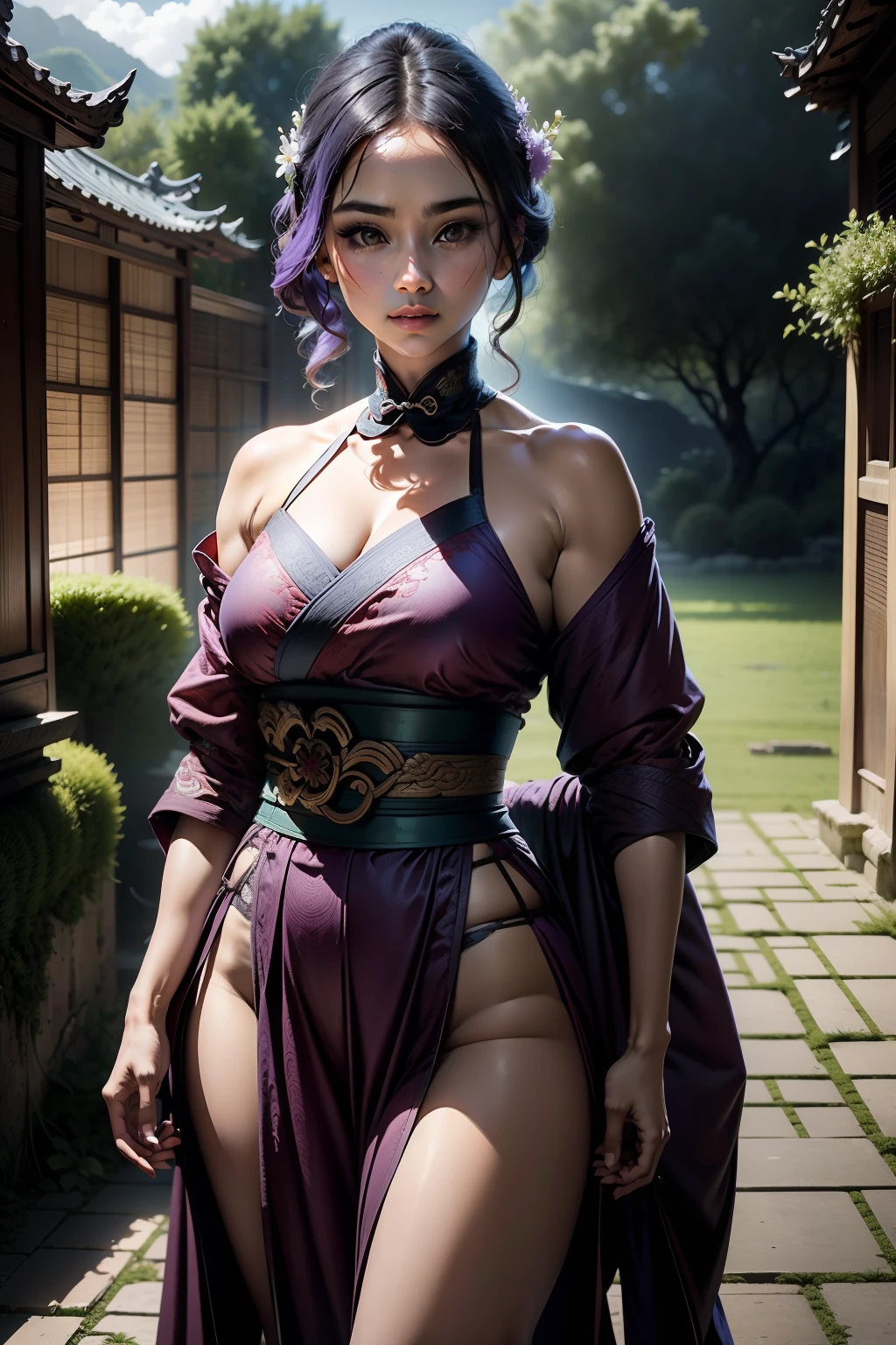 Beldade de cabelos longos sedosos, cabelos negros, olhos astutos, usando uma roupa sensual hunfa antiga Wuxia, voluptuosa fisicamente, athletic size, roupas cor violeta, holding with one hand a Wu Dang sword,at first standing in front of an old mansion (cena detalhada, Filme, natural  lightting)