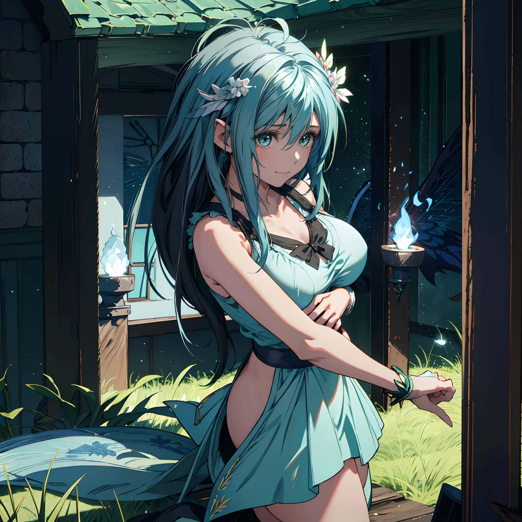 Medium Hair, {{Girl with light blue hair}}, {{{Dark-skinned}}}, {{fairy wings}}, {green colored eyes}, Pointed ears, a smile, Cross your arms behind your back, child toddler, Hair over one eye, voluptuous breasts,