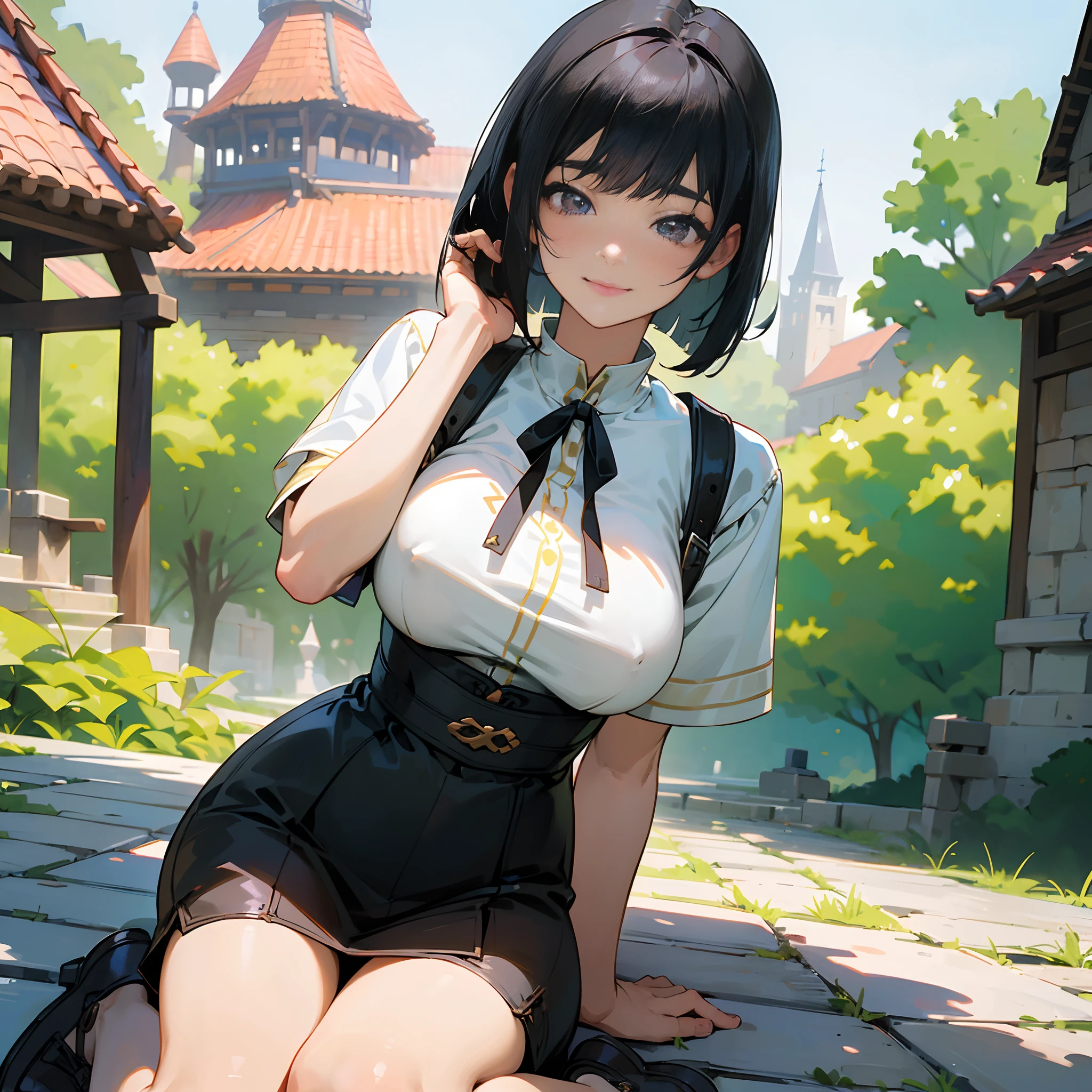 With the best image quality、age girl standing alone outdoors。In high resolution、Beautiful fine details、tranquil atmosphere。((Black Hair Bob Hair))、Cute smile。(((breasts are large)))、I don't have anything in my hands、realistic hand、Medieval European national costume with short sleeves、Medieval European Streets、Leather shoes。