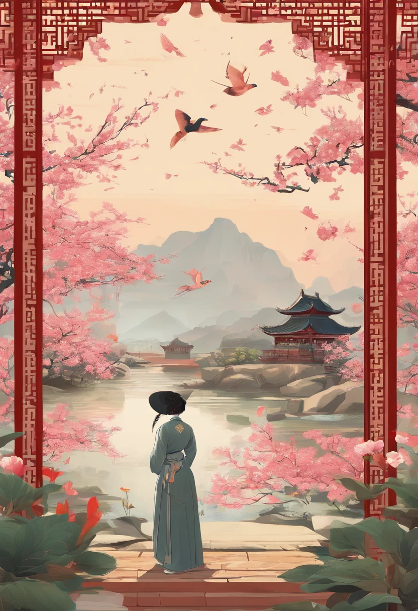 equinox,((Magnolia))Beautiful Elegant,Solitary planting,A flock of swallows in the air,chinese traditional architecture,A woman standing next to a flower in Hanfu,Landscape of people