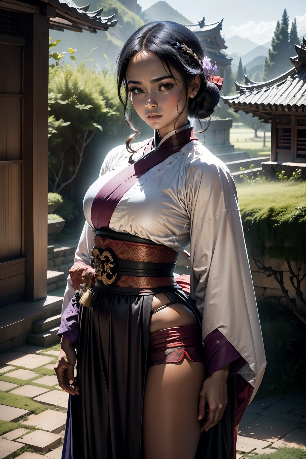 Beldade de cabelos longos sedosos, cabelos negros, olhos astutos, usando uma roupa sensual hunfa antiga Wuxia, voluptuosa fisicamente, athletic size, roupas cor violeta, holding with one hand a Wu Dang sword,at first standing in front of an old mansion (cena detalhada, Filme, natural lightting)