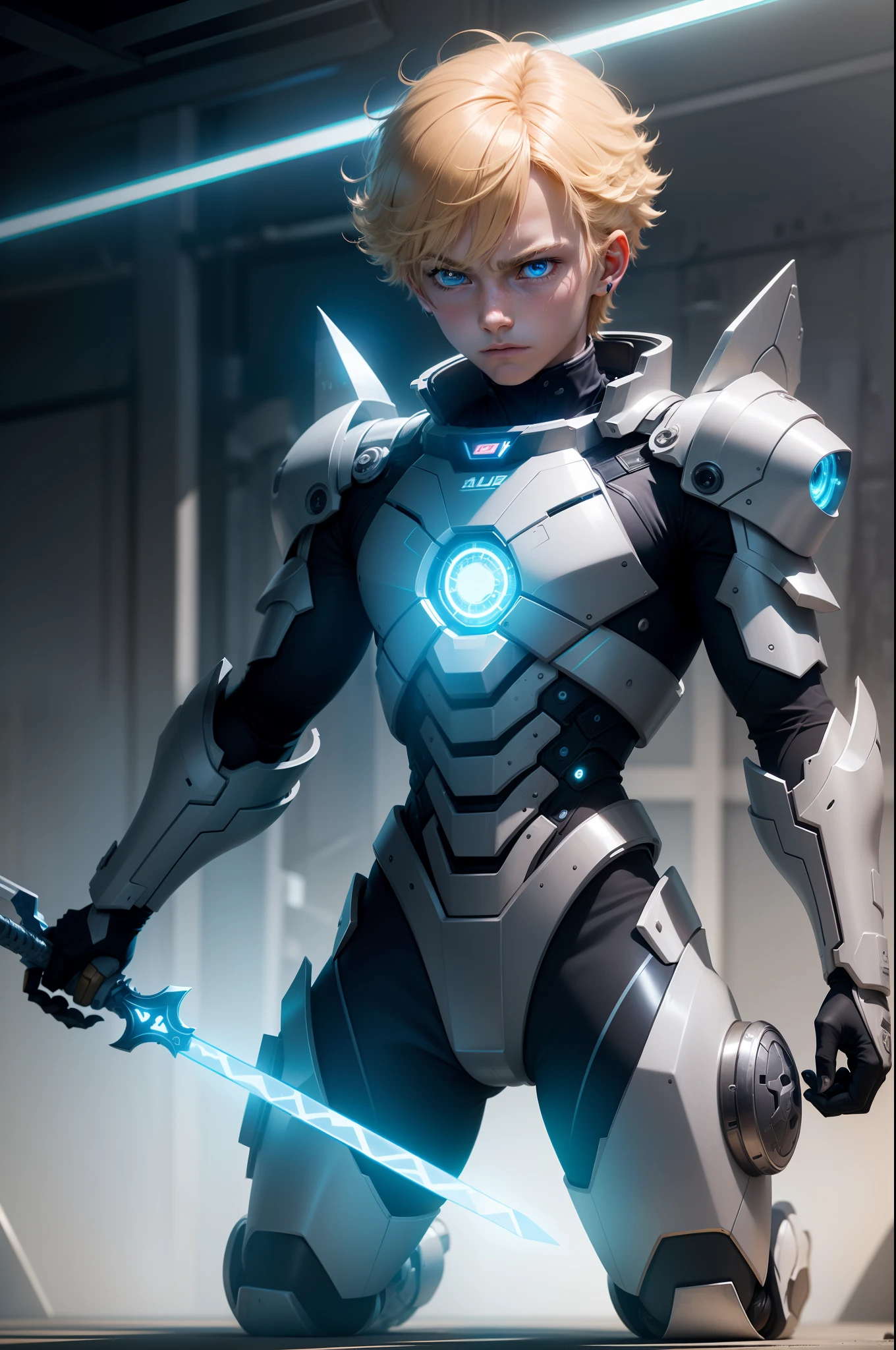 In a vast futuristic training field, amidst towering holographic projections, a weary blond boy with piercing blue eyes kneels, clutching a technologically advanced sword. Around him, robotic sentinels armed with spears stand menacingly, their metallic forms glinting under the vibrant anime-styled lighting. The boy's exhausted yet determined expression reflects his unwavering resolve to surpass all obstacles and emerge victorious in this awe-inspiring arena of tomorrow.