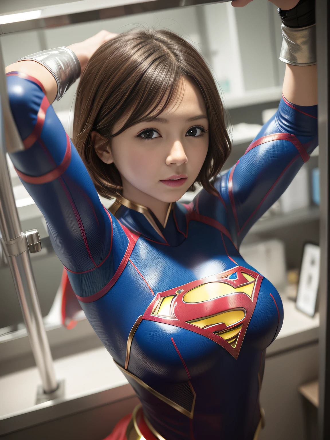 Masterpiece、Enamel Supergirl Costume、Short Hair、Hospital operating table、Crisis situation、Big and ample breasts、looking at the camera、Shiny、Off the shoulder、choker、Long sleeve、exy poses to seduce、Sweaty、Model Body Type、Alluring、charm、Enchanting、Abused、test subject、victim、Wild、Photorealistic、latex、bandage、Red Cape、