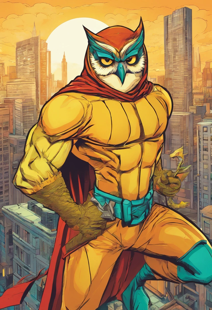 Man in superhero outfit inspired by an owl,corpo forte definido muito definido com roupa verde e amarela,dourado, 4k, on top of a building