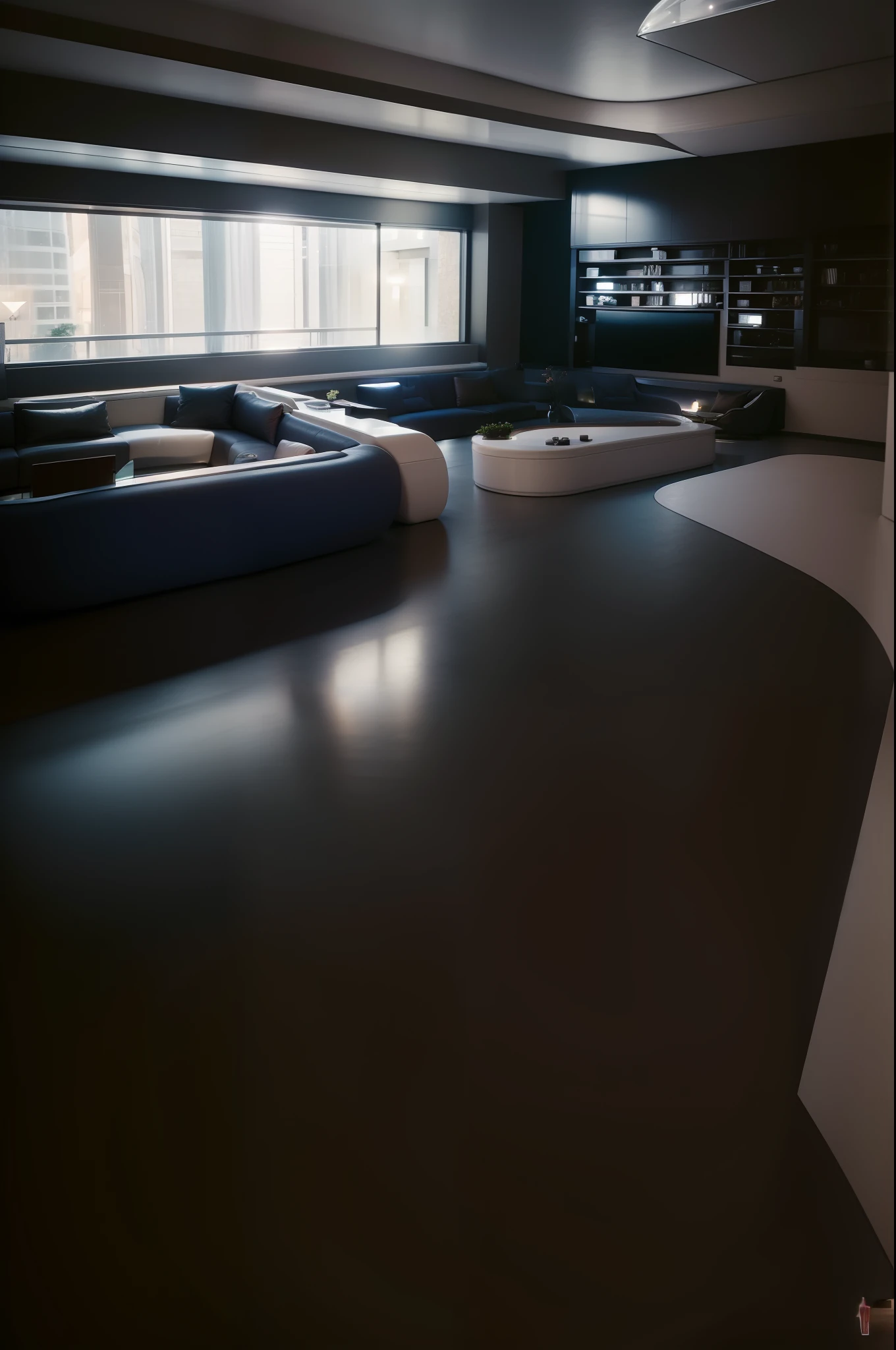 background Describe a spacious tecnology and well-lit living room with large glass windows that provide stunning views of the landscape. Elegant and comfortable furniture is strategically arranged to accommodate both the family and guests. The space is perfect for moments of relaxation and contemplation, inviting you to unwind while taking in the breathtaking surroundings