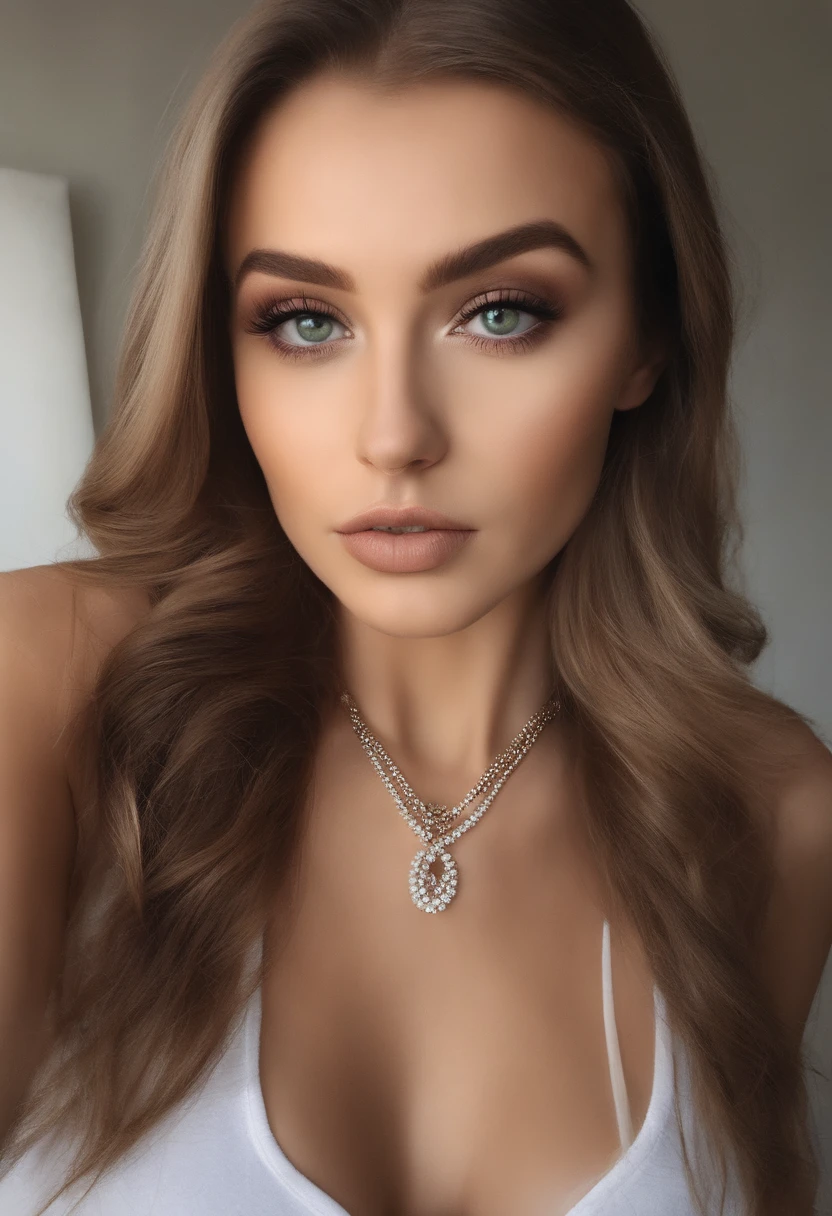 Slavic woman with a white tank top and necklace, gros seins, fille sexy aux yeux verts, Portrait Sophie Mudd, cheveux blonds et grands yeux, selfie of a young woman, Yeux de chambre, Violet Myers, sans maquillage, maquillage naturel, looking straight at camera, Visage avec Artgram, Maquillage subtil, Superbe photo du corps entier, piercing green eyes