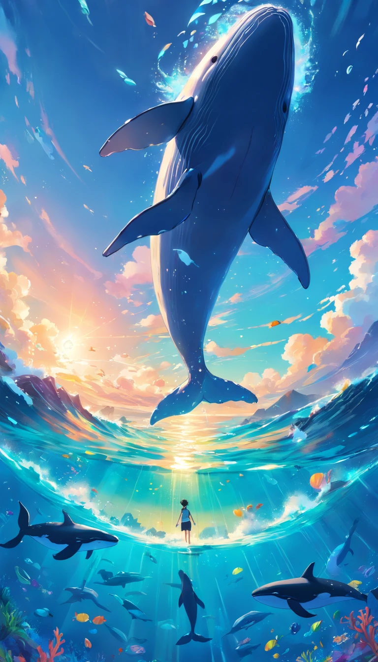 Painting of whales swimming in colorful ocean, Look up at the composition, Jellyfish and whales, Inspired by Cyril Rolando, A beautiful artwork illustration, author:Shitao, colorful concept art, Makoto Shinkai Cyrillo Rolando, In the style of Cyril Rolando, whale, Highly detailed watercolor 8K, highly detailed water colour 8 k,octane,the end,Realistic,8K,Estilo de Makoto Shinkai( reasonable design, 清晰的线条, High- sharpness,Best quality, Very detailed, Master parts, movie light effect, 4K ),A boy and a girl swim at the bottom of the sea,dream magical,The fish,