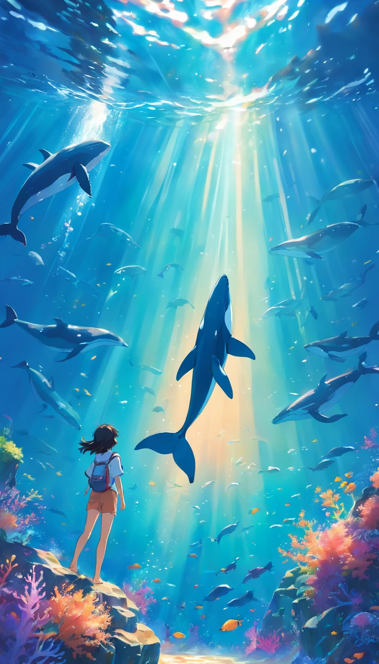 Painting of whales swimming in colorful ocean, Look up at the composition, Jellyfish and whales, Inspired by Cyril Rolando, A beautiful artwork illustration, author:Shitao, colorful concept art, Makoto Shinkai Cyrillo Rolando, In the style of Cyril Rolando, whale, Highly detailed watercolor 8K, highly detailed water colour 8 k,octane,the end,Realistic,8K,Estilo de Makoto Shinkai( reasonable design, 清晰的线条, High- sharpness,Best quality, Very detailed, Master parts, movie light effect, 4K ),A boy and a girl swim at the bottom of the sea,dream magical,The fish,