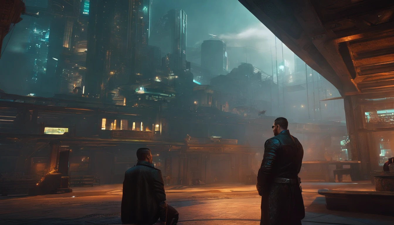 estilo jogo cyberpunk, Game Designer meeting with game programmer and artist, realista, elegante