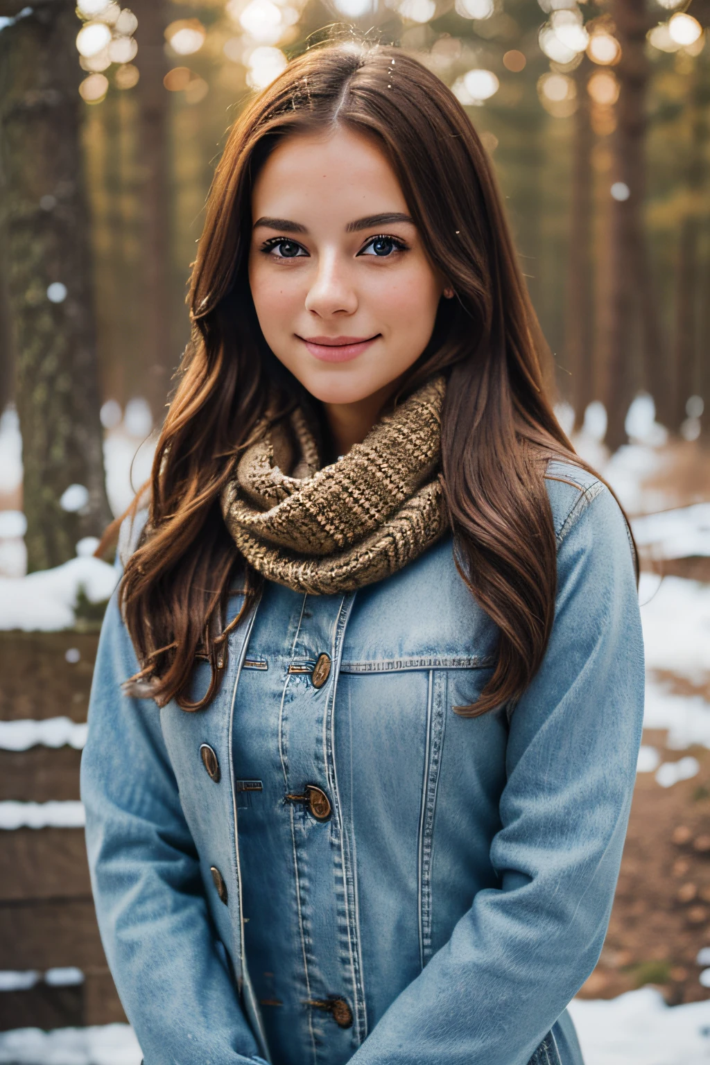 Full body portrait of Chloe Rachel Saunders 18-year-old cute beautiful pretty girl with, very cute face, white race, very pale skin, long hair, a beautiful small petit woman, brunette hair, gorgeous brown eyes, long eye lashes, beautiful features, small nose, small lips, dimples, freckles, big smile, detailed eyes, full body, wearing a beige peacoat, knitted blue scarf tight denim jeans and boots, she is in a snowy forest, winter time, during day, light snowfall, very realistic skin, flirting with the camera, smiling, sexy look, masterpiece, Full body Portrait, realistic picture, DSLR, detailed skin, detailed face, detailed, hyper-realistic, (high detailed skin:1.2), 8k UHD DSLR, natural lighting, morning time, high quality, film grain, 50mm shoot, Hasselblad photography, finely detailed textures, sharp focus, collarbone, dynamic angle, auburn hair, award-winning glamour photograph, ((best quality)), ((masterpiece)), ((realistic)). depth of field. {1 girls}