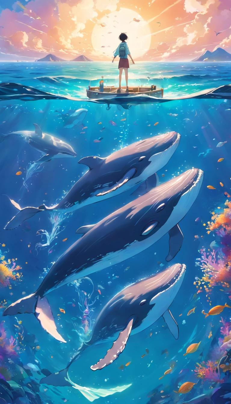 Painting of whales swimming in colorful ocean, Look up at the composition, Jellyfish and whales, Inspired by Cyril Rolando, A beautiful artwork illustration, author:Shitao, colorful concept art, Makoto Shinkai Cyrillo Rolando, In the style of Cyril Rolando, whale, Highly detailed watercolor 8K, highly detailed water colour 8 k,octane,the end,Realistic,8K,Estilo de Makoto Shinkai( reasonable design, 清晰的线条, High- sharpness,Best quality, Very detailed, Master parts, movie light effect, 4K ),A boy and a girl swim at the bottom of the sea,dream magical,The fish,