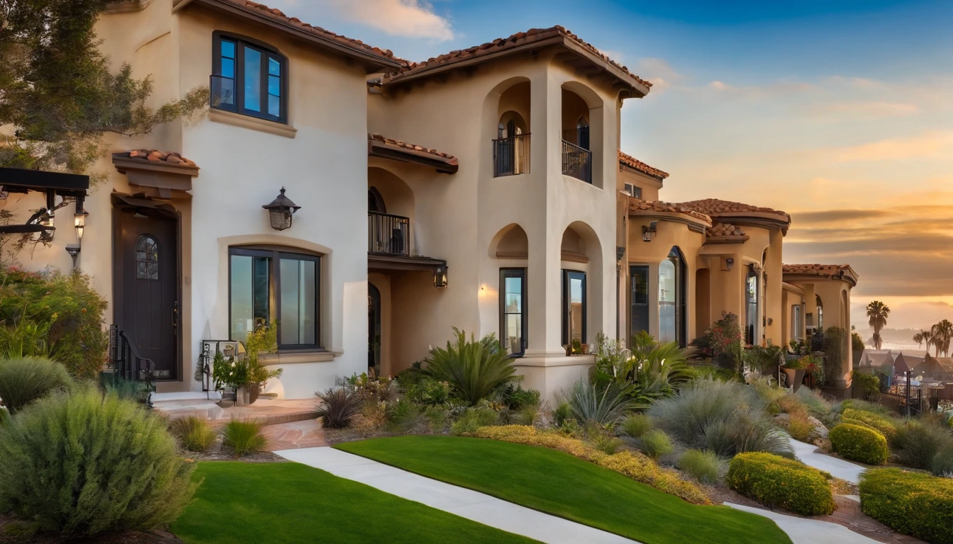 San Diego Real Estate, USA, Ordinary detached townhouse with lawn,Background image of downtown San Diego,With blue sky and white clouds as the background,Peaceful townhouse background,San Diego suburban residence