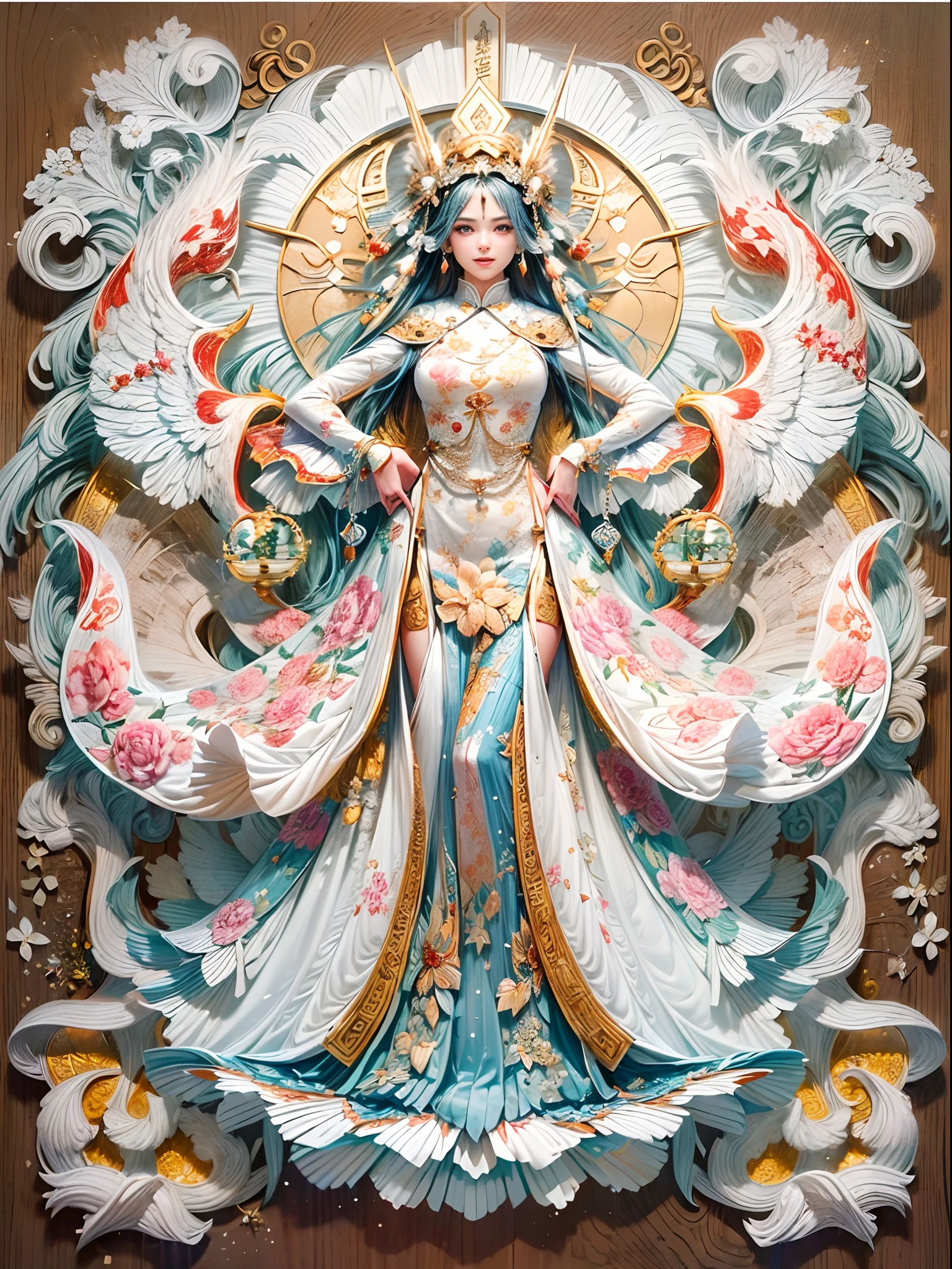 (Graphic illustration:1.4, paper art, Quilted paper art, geomerty),rotationalsymmetry, (full body shot of:1.4), (Ancient Chinese fairy , Moon, Halo, Exquisite headdress, Smile), ((Accurate and perfect face:1.2)),White background, (Chinese colors, senior color matching), ( Bokeh, Out of focus, Soft lighting, Movie lighting, God Ray, hyper HD)