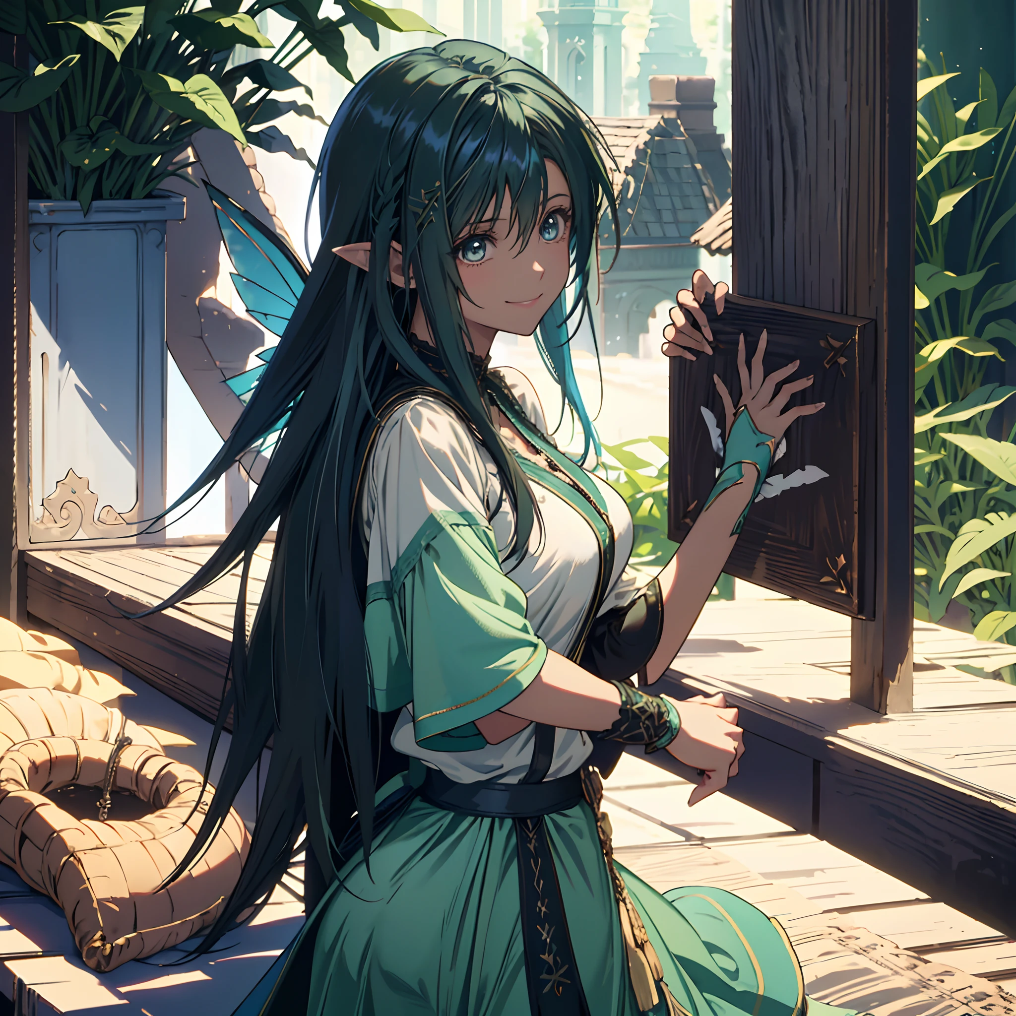 Medium Hair, Girl with light blue hair, {{{Dark-skinned}}}, {{fairy wings}}, green colored eyes, Pointed ears, Smiling smile, Cross your arms behind your back, , Hair over one eye, Big Girl,