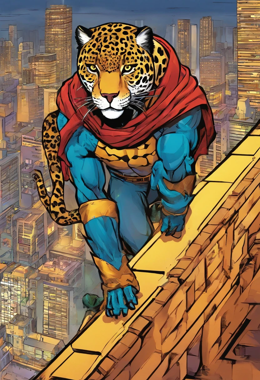 Super hero inspired by a jaguar, on top of a building