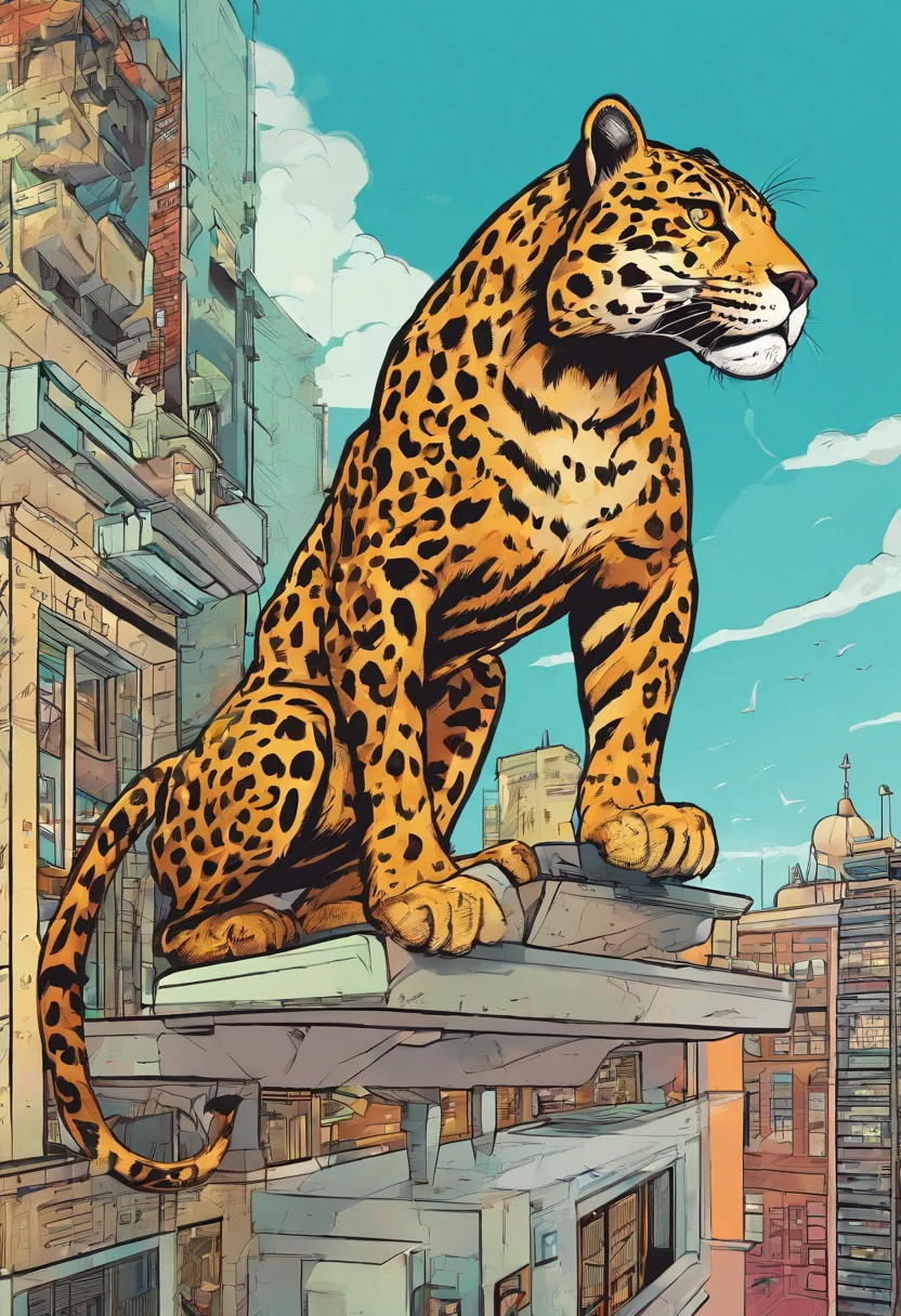Super hero inspired by a jaguar, on top of a building