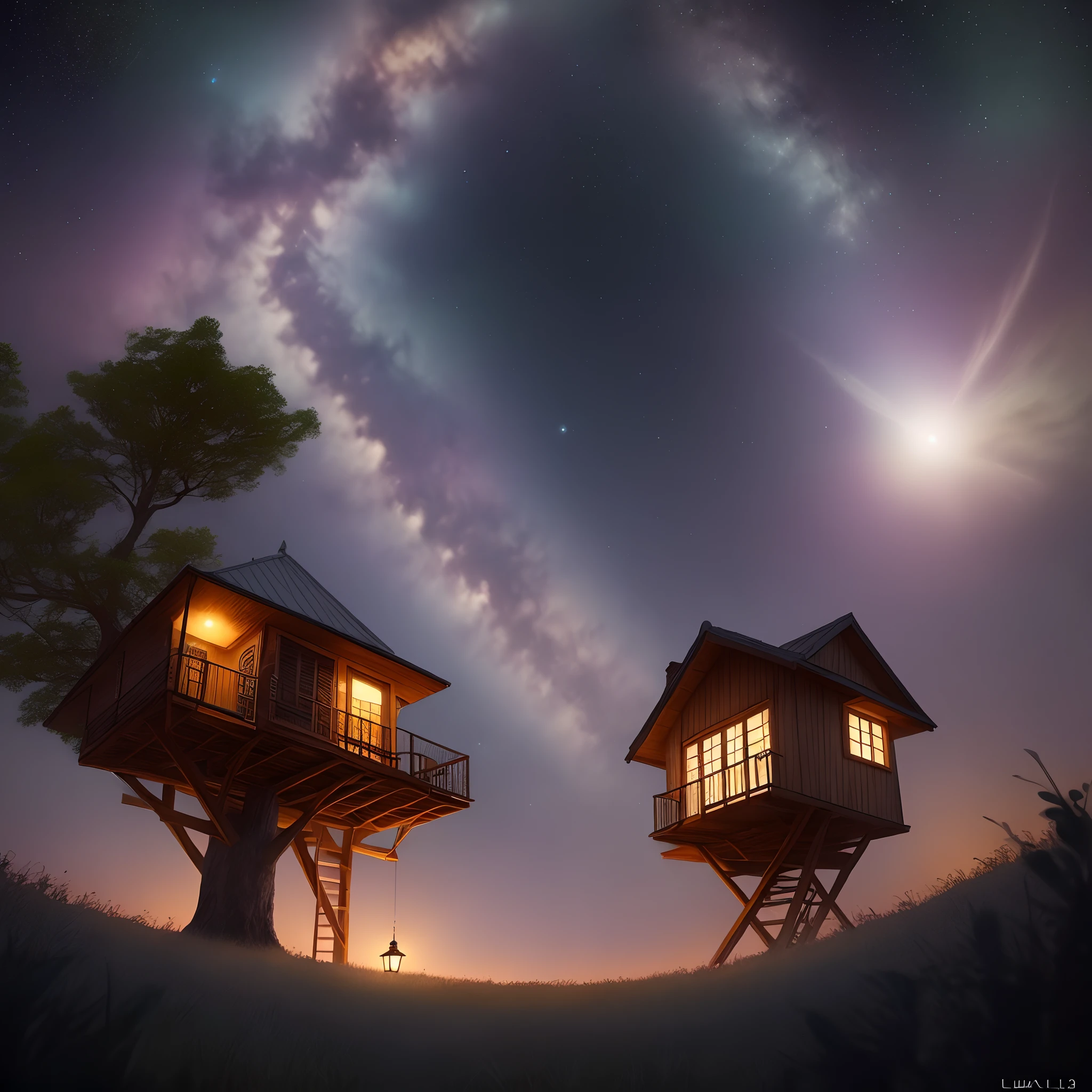 fotografia de paisagem expansiva, (a view from below that shows the sky above and the open field below), uma garota parada em um campo de flores olhando para cima, (lua cheia: 1.2), (estrelas cadentes: 0.9), (nebulosa: 1.3), montanha distante ,treetop house tree BREAK production art, (fonte de luz quente: 1.2), (Firefly: 1.2), lamp, muito roxo e verde , detalhes complexos, volumetric lighting BREAK (obra-prima: 1.2), (melhor qualidade), 4k, ultradetalhado , (dynamic compositing: 1.4), detalhes coloridos altamente detalhados (cores iridescentes: 1.2), (bright illumination, Atmospheric Illumination), sonhador, magica,sonho (solo: 1.2)