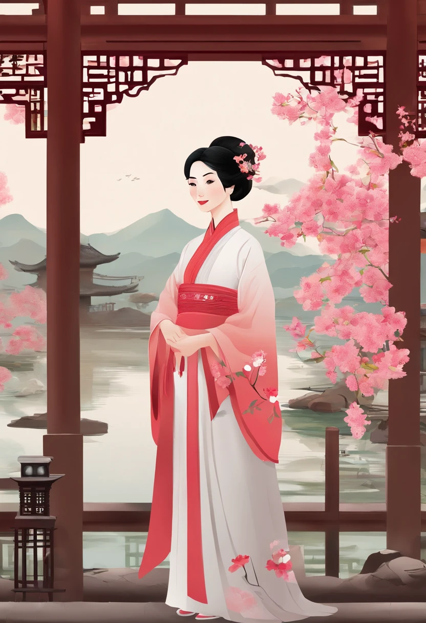 clear and bright,azalea,Traditional Chinese garden,Woman standing next to the flower in Hanfu,Landscape of people