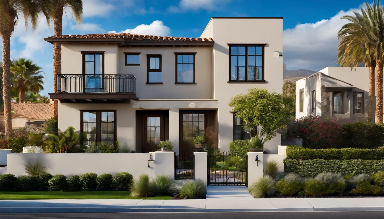 San Diego Real Estate, USA, Ordinary detached townhouse with front yard lawn，Pergola，Background image of downtown San Diego，With blue sky and white clouds as the background，Peaceful townhouse background，San Diego suburban residence