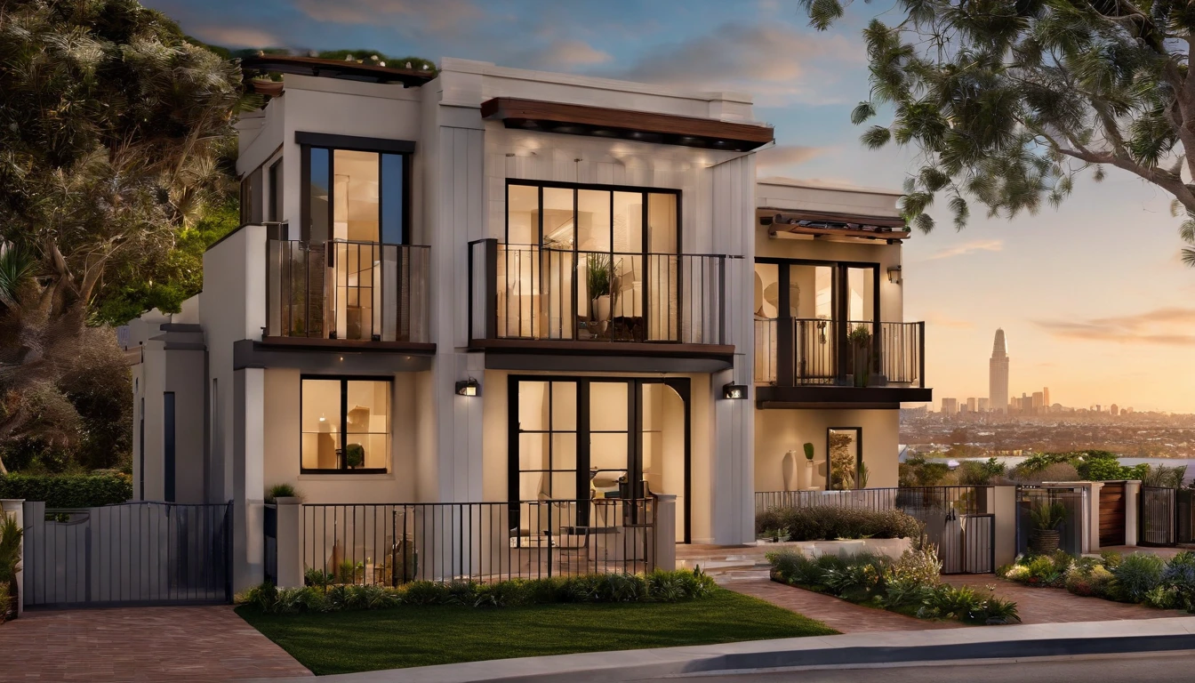 San Diego Real Estate, USA, Ordinary detached townhouse with front yard lawn，Pergola，Background image of downtown San Diego，With blue sky and white clouds as the background，Peaceful townhouse background，San Diego suburban residence