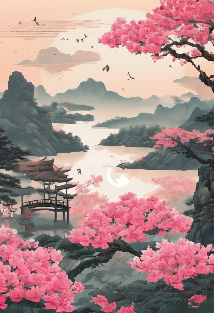 clear and bright,Traditional Chinese solar terms,(((azalea))),National style,Ink wind,((rained)),solid color backdrop,There is one(Chongming Bird),closeup cleavage,Landscape view,Don't be characterized,Don't be characterized,Don't build
