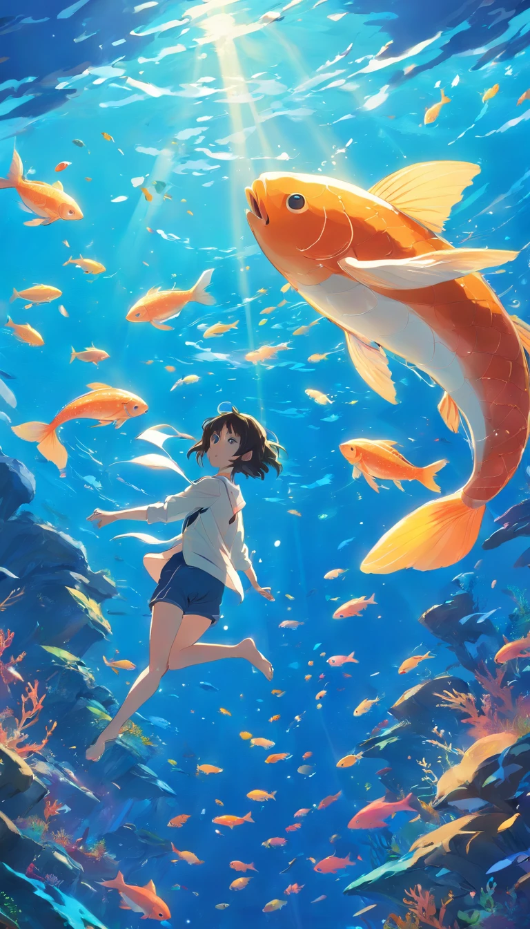 Painting of fish swimming in colorful ocean, Look up at the composition, Jellyfish and whales, Inspired by Cyril Rolando, A beautiful artwork illustration, author:Shitao, colorful concept art, Makoto Shinkai Cyrillo Rolando, In the style of Cyril Rolando, whale, Highly detailed watercolor 8K, highly detailed water colour 8 k,octane,the end,Realistic,8K,Estilo de Makoto Shinkai( reasonable design, 清晰的线条, High- sharpness,Best quality, Very detailed, Master parts, movie light effect, 4K ),A boy and a girl swim at the bottom of the sea,dream magical,The fish,