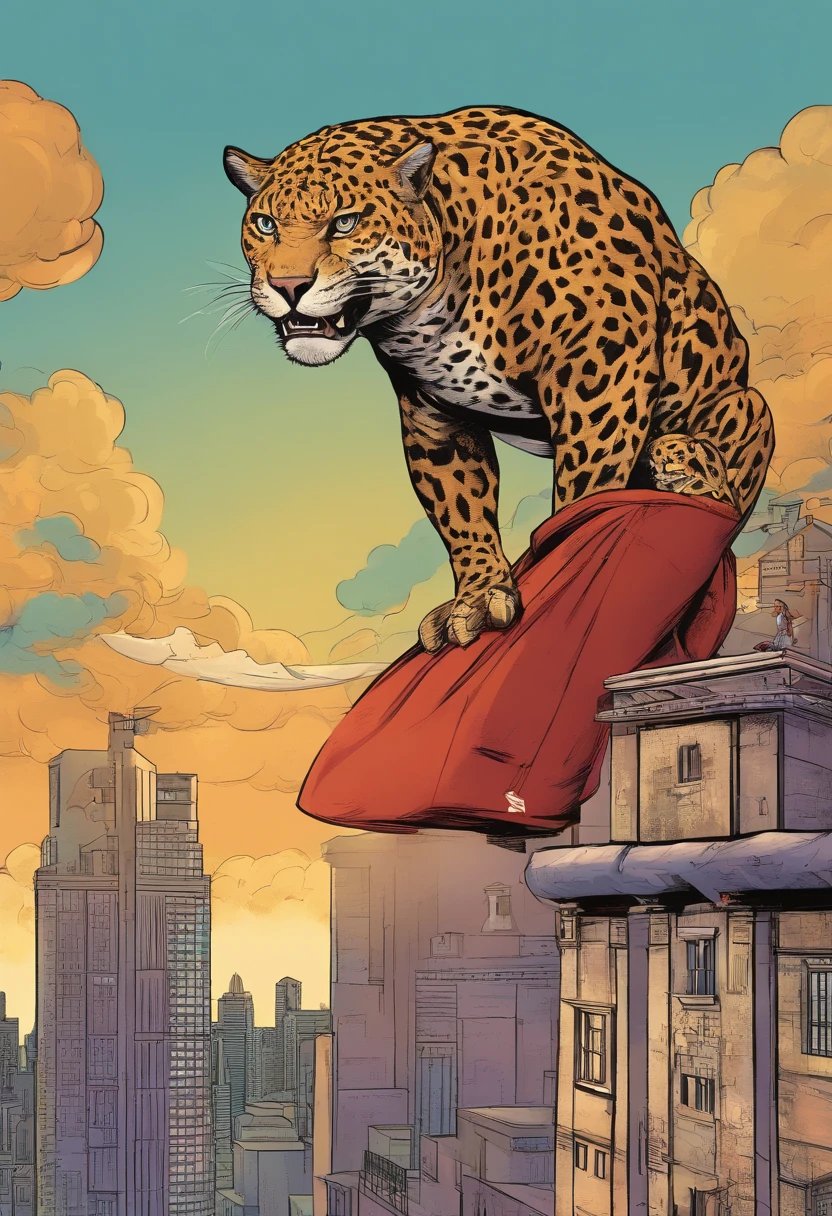 Man in superhero outfit inspired by a jaguar, on top of a building, forte e definido