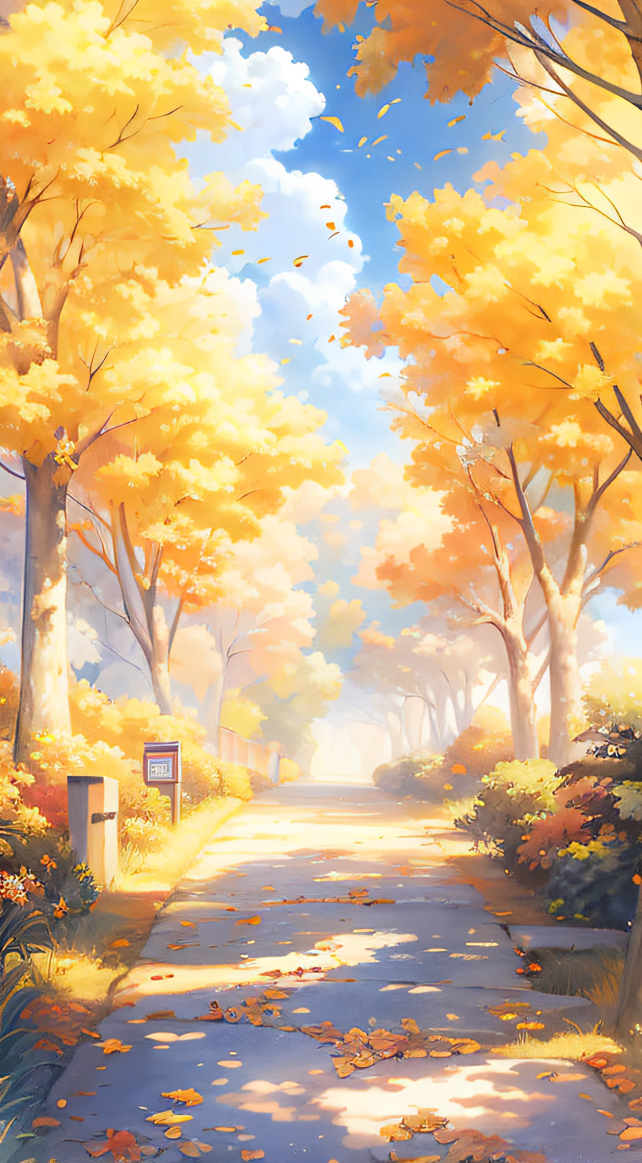 There is a painting of a road with trees and leaves, Anime background art, Anime art wallpaper 8 K, beautiful anime scenery, anime backgrounds, Anime art wallpaper 4k, Anime art wallpaper 4 K, anime beautiful peace scene, author:Shitao, beautiful anime scenes, Detailed scenery —width 672, anime landscape wallpapers, landscape artwork