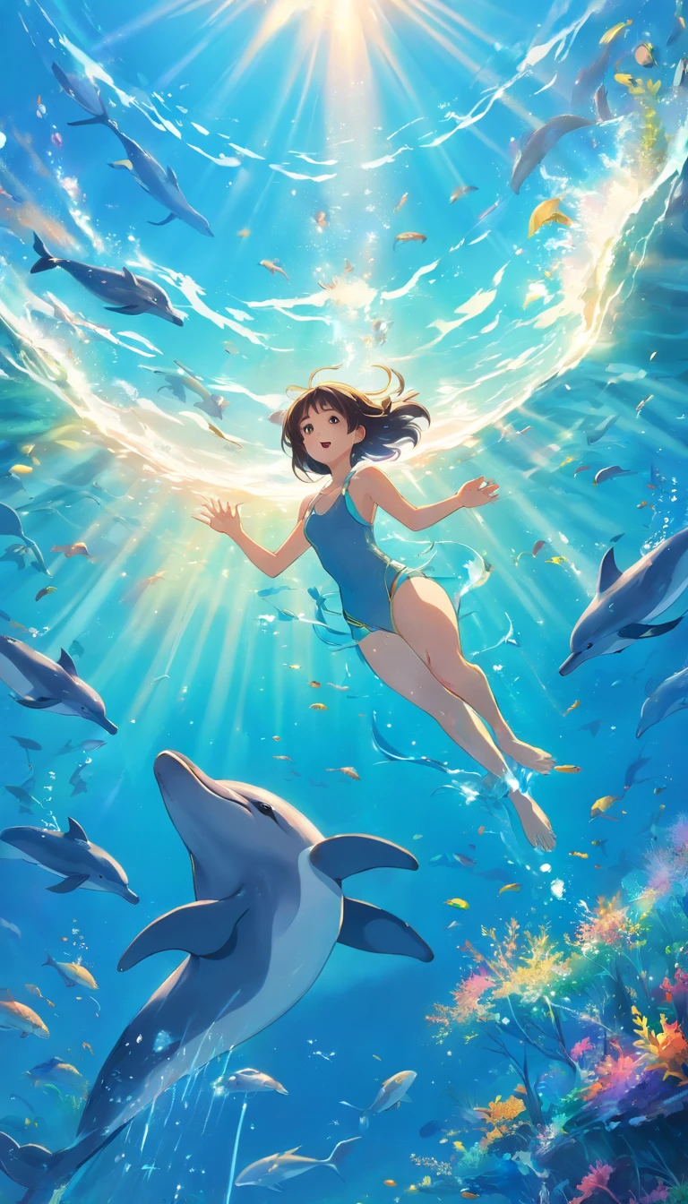 Painting of dolphins swimming in colorful ocean, Look up at the composition, Jellyfish and whales, Inspired by Cyril Rolando, A beautiful artwork illustration, author:Shitao, colorful concept art, Makoto Shinkai Cyrillo Rolando, In the style of Cyril Rolando, whale, Highly detailed watercolor 8K, highly detailed water colour 8 k,octane,the end,Realistic,8K,Estilo de Makoto Shinkai( reasonable design, 清晰的线条, High- sharpness,Best quality, Very detailed, Master parts, movie light effect, 4K ),A boy and a girl swim at the bottom of the sea,dream magical,The fish,