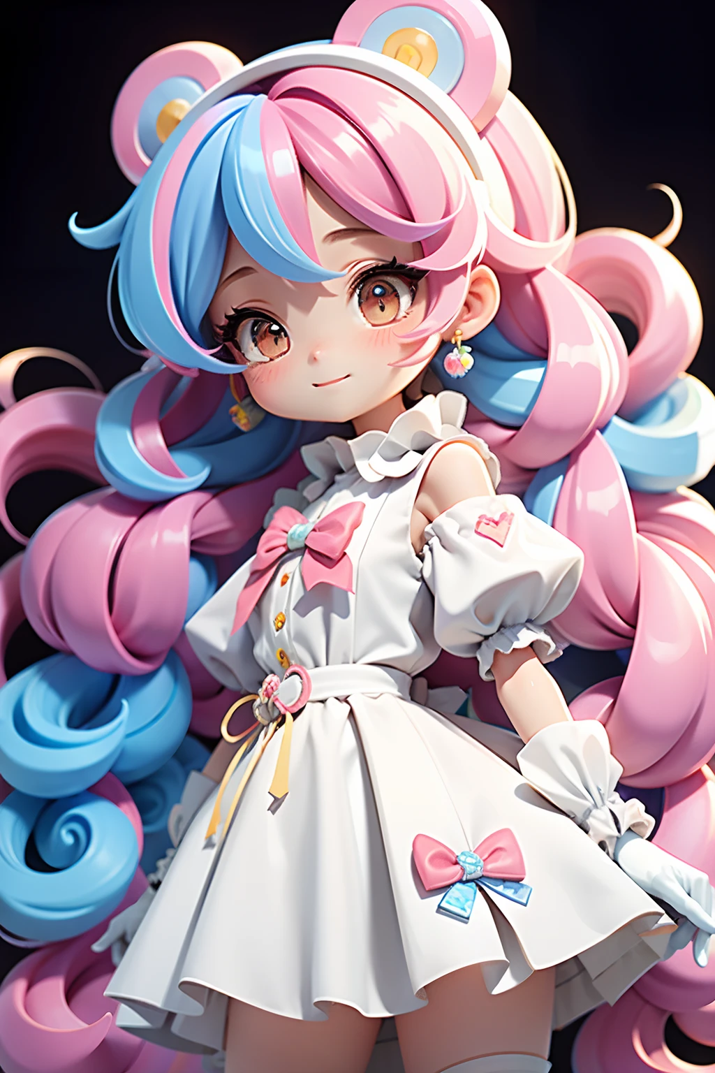 Loli Anime girl, wearing white gloves, long colorful hair, party spray pain background, cabelo mesclado, preso, modern accessories , olhos delicados e detalhados, sorriso delicado e detalhados, opalescente, Perolescente, Holographic, fundo escuro