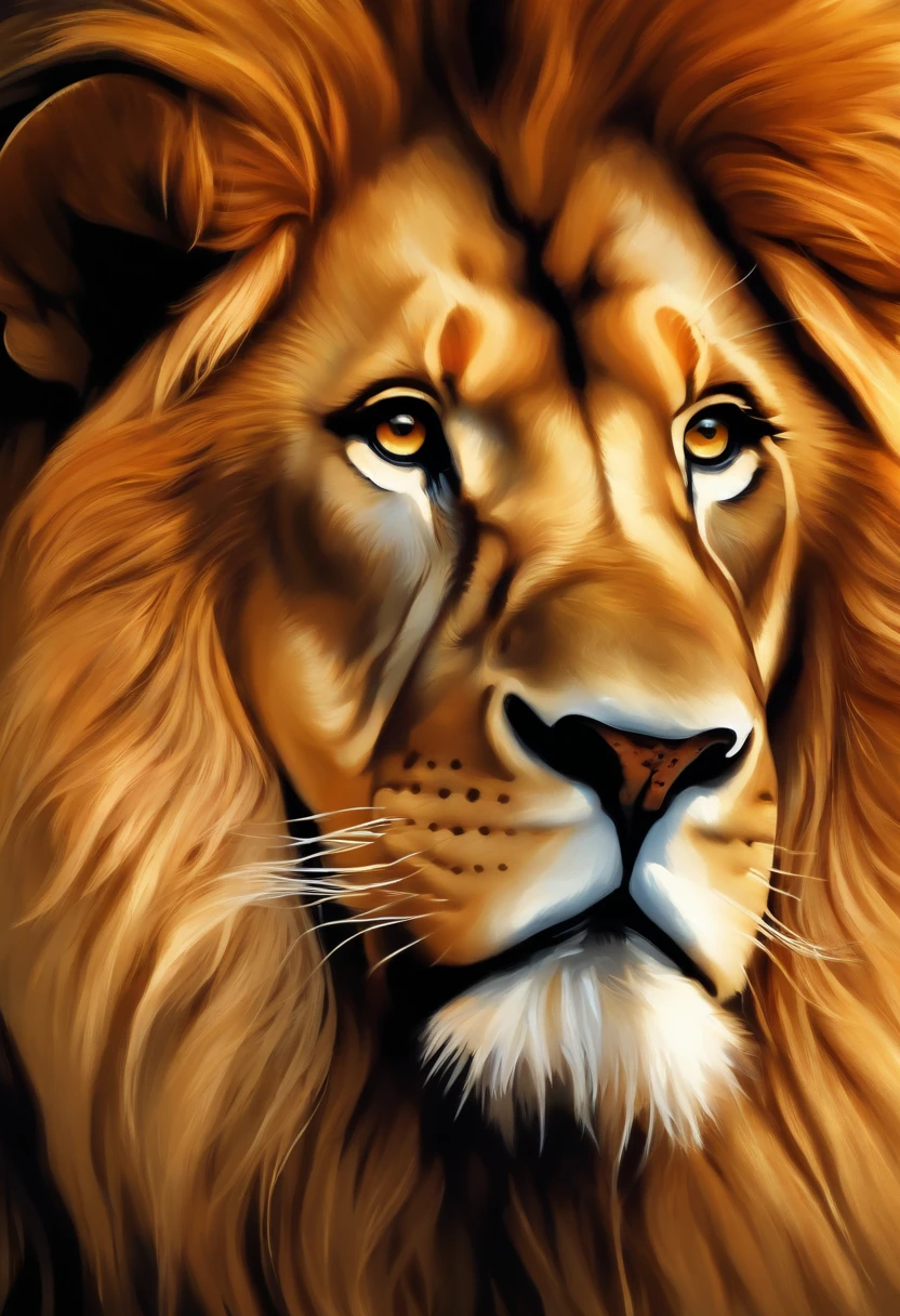 (best quality,highres),realistic,golden lion face,painterly brushstrokes,detailed facial features,shimmering mane,expressive eyes and mouth,regal and majestic appearance,warm lighting,colorful palette,painting on canvas,artistic style